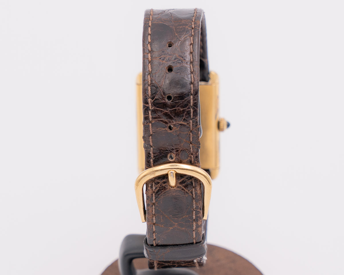 Vintage Cartier Tank 23x30mm Vermeil White Roman Dial 18KT Plated Case Acrylic Crystal Blue Cabochon