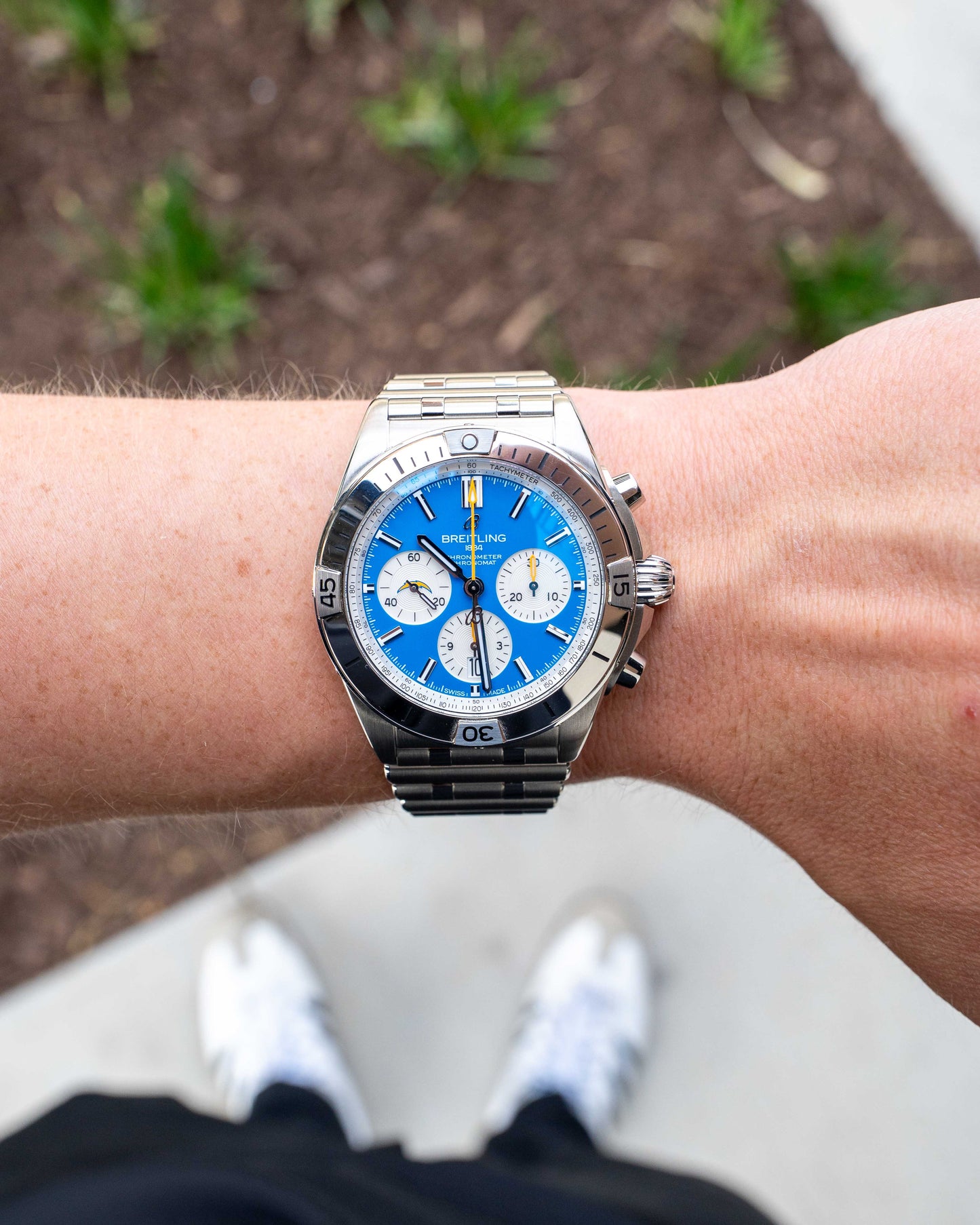 Breitling Chronomat 42mm AB01342B1C8A1 Blue Panda with Orange Hands