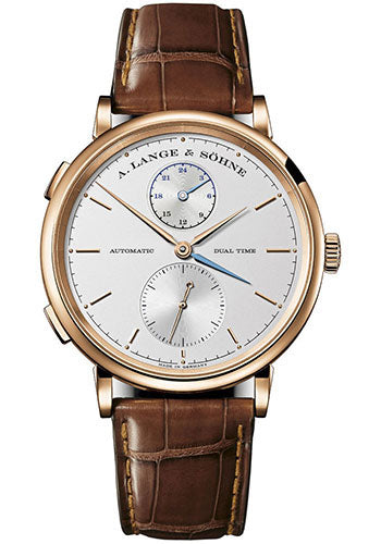 A. Lange & Sšhne Saxonia Dual Time Watch - 40mm Rose Gold Case - Silver Dial - Brown Alligator Strap