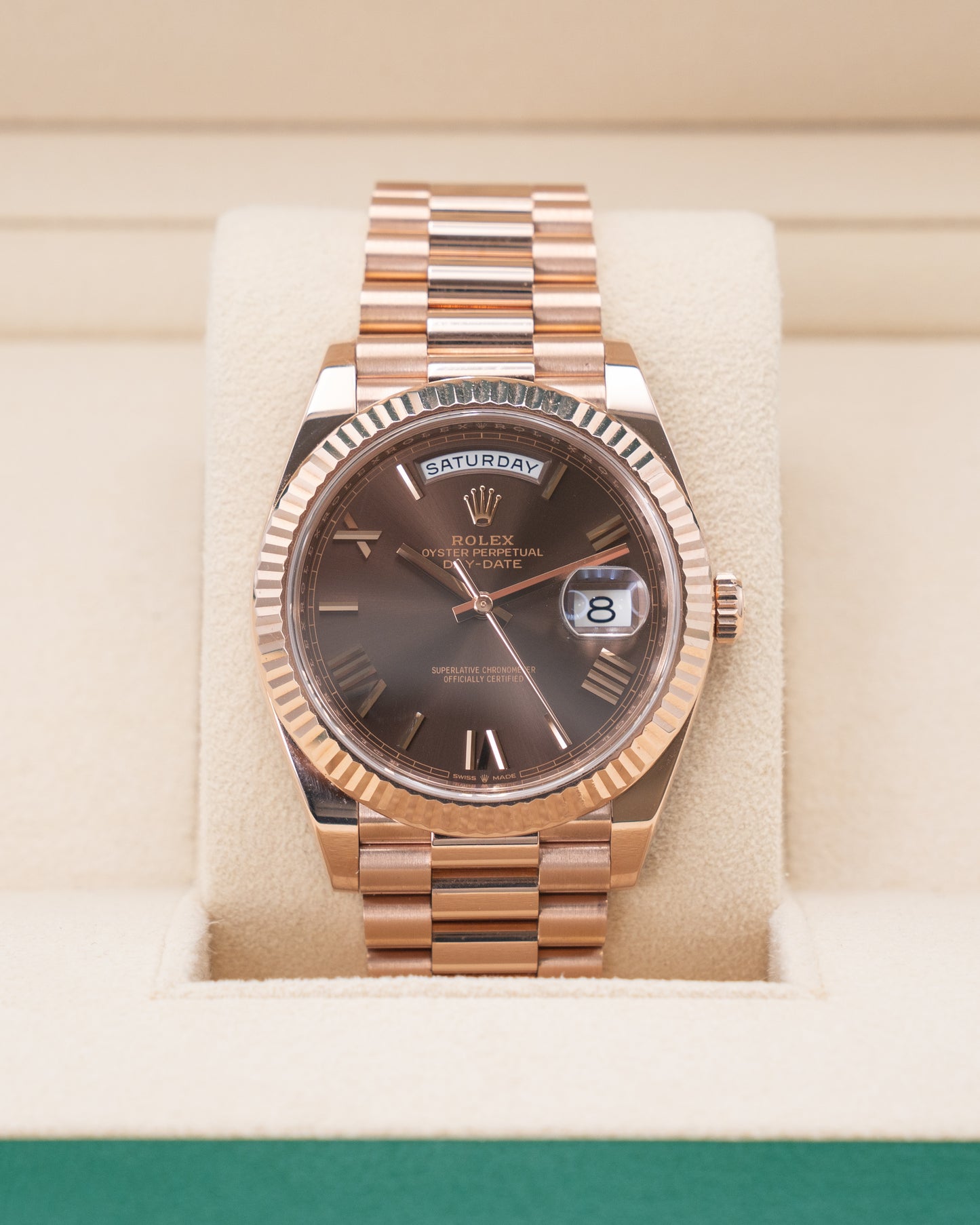 Rolex Day Date 40mm 228235-0002 Chocolate Roman Dial Rose Gold 2019