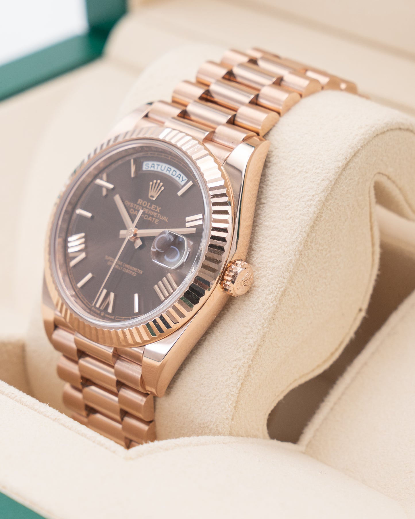 Rolex Day Date 40mm 228235-0002 Chocolate Roman Dial Rose Gold 2019