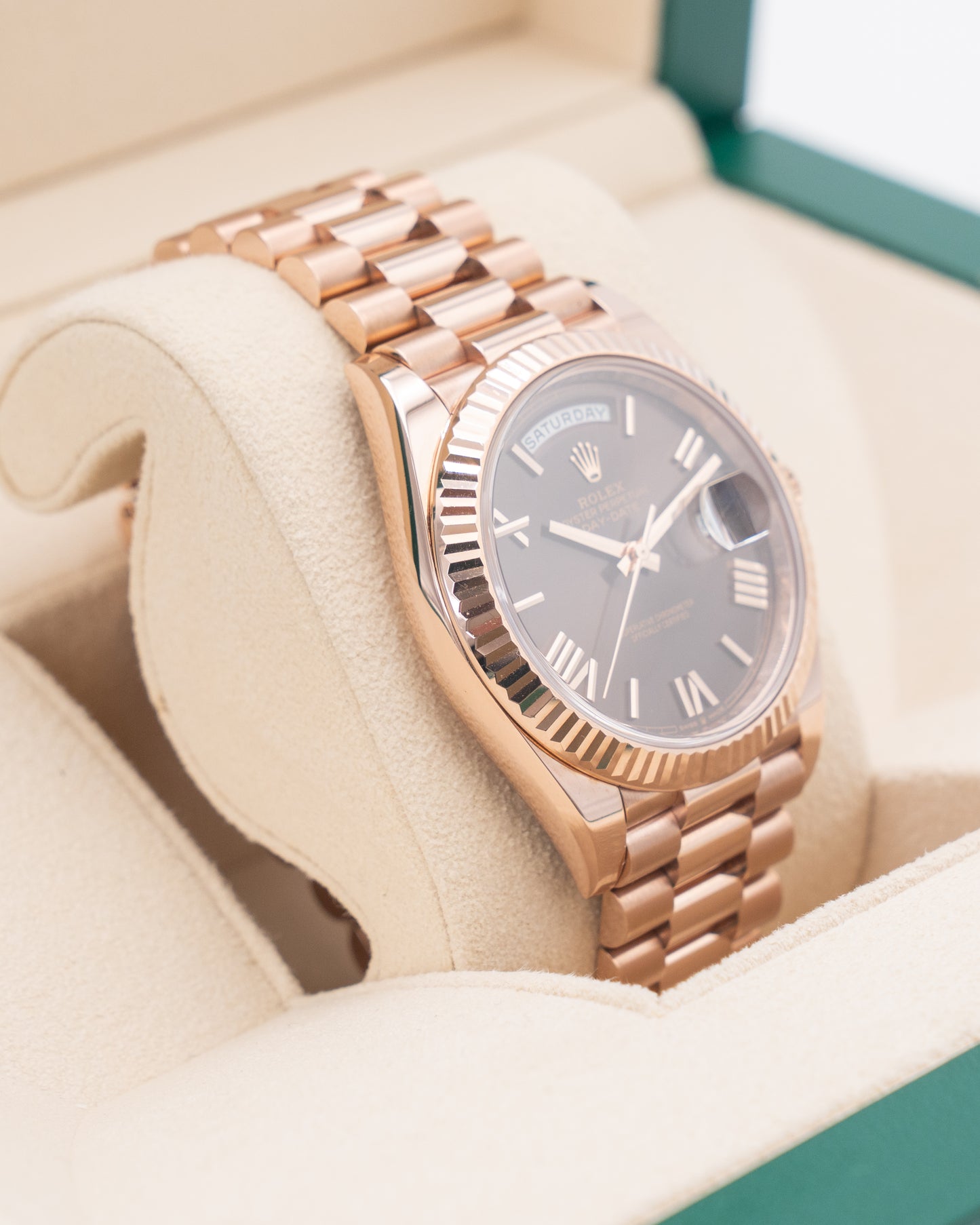 Rolex Day Date 40mm 228235-0002 Chocolate Roman Dial Rose Gold 2019