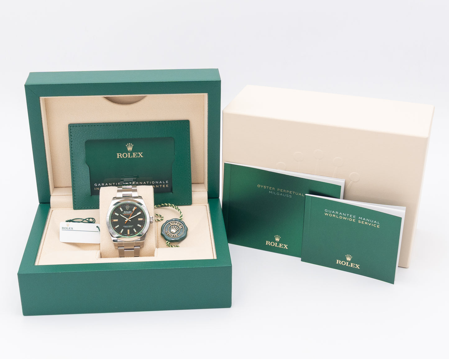 UNWORN WITH STICKERS 2023 Rolex Milgauss 40mm 116400GV Green Crystal Black Dial 2023