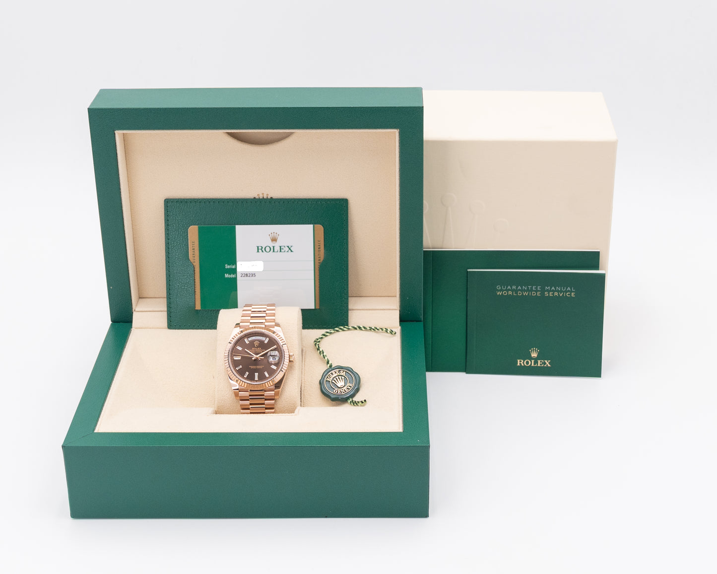 Rolex DayDate 40mm 228235 Rose Gold Chocolate Dial Baguette Diamond Markers 2018