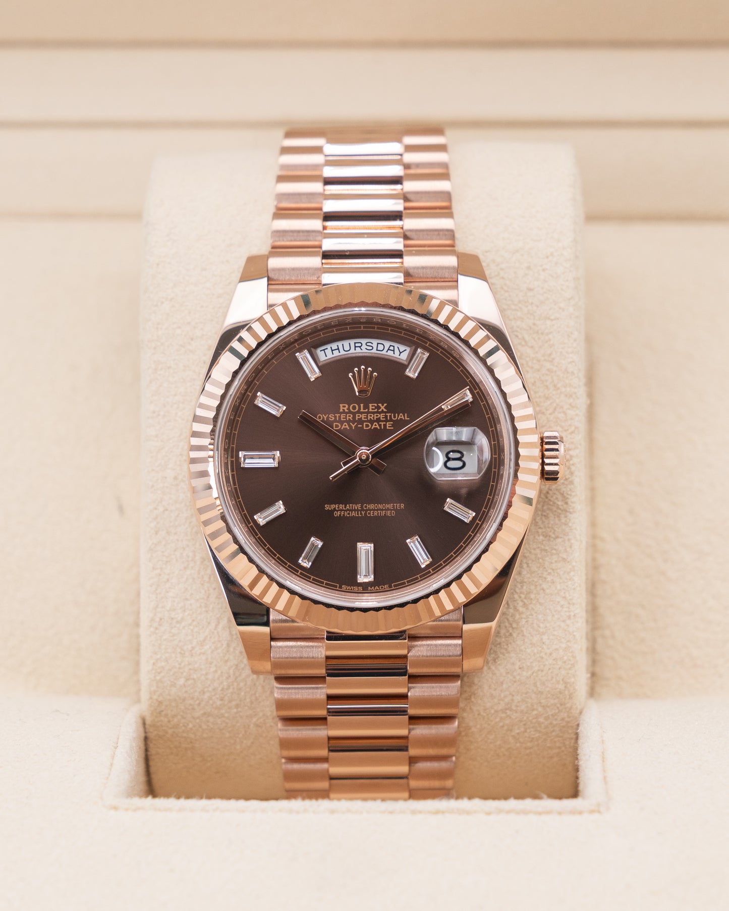 Rolex DayDate 40mm 228235 Rose Gold Chocolate Dial Baguette Diamond Markers 2018