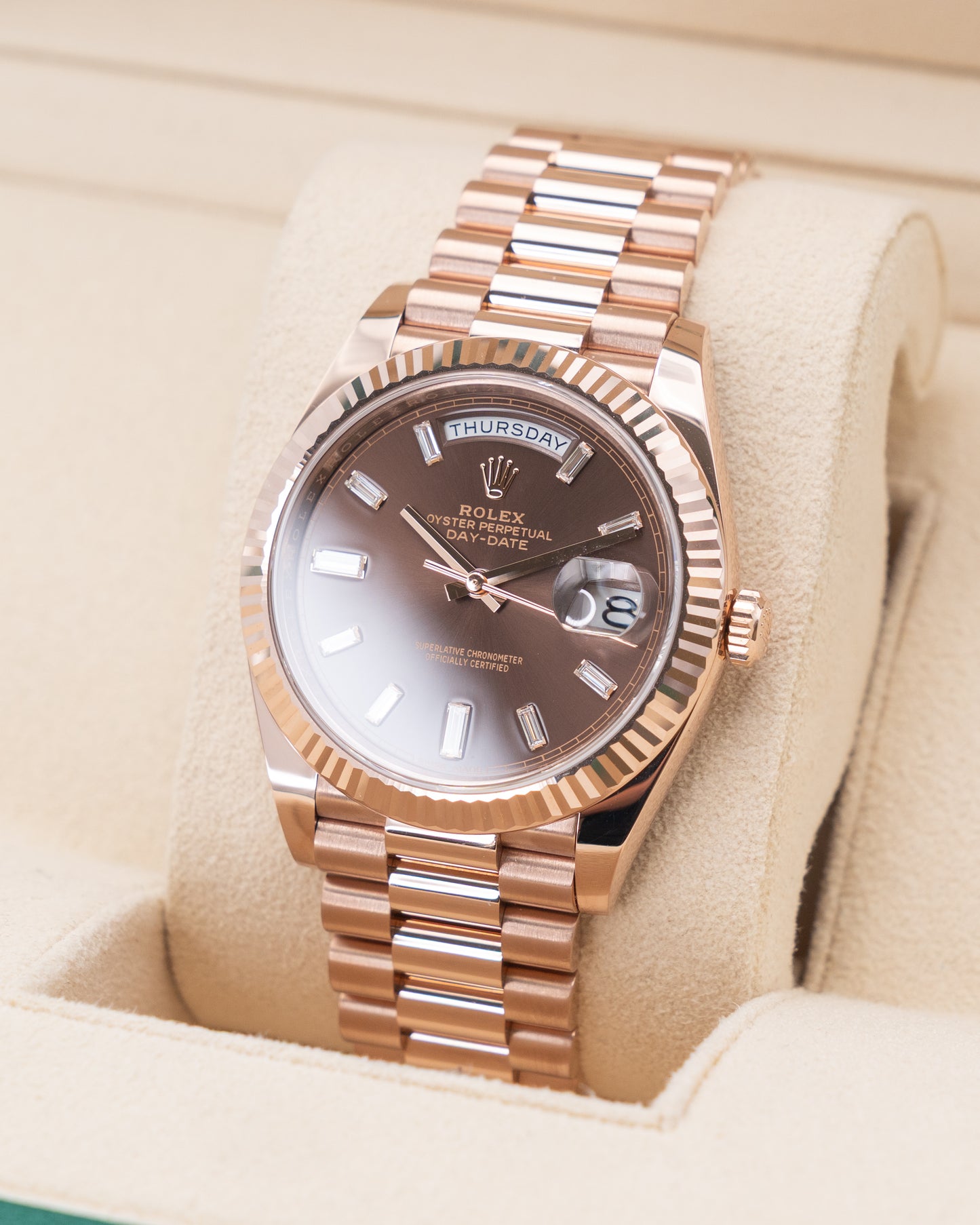 Rolex DayDate 40mm 228235 Rose Gold Chocolate Dial Baguette Diamond Markers 2018