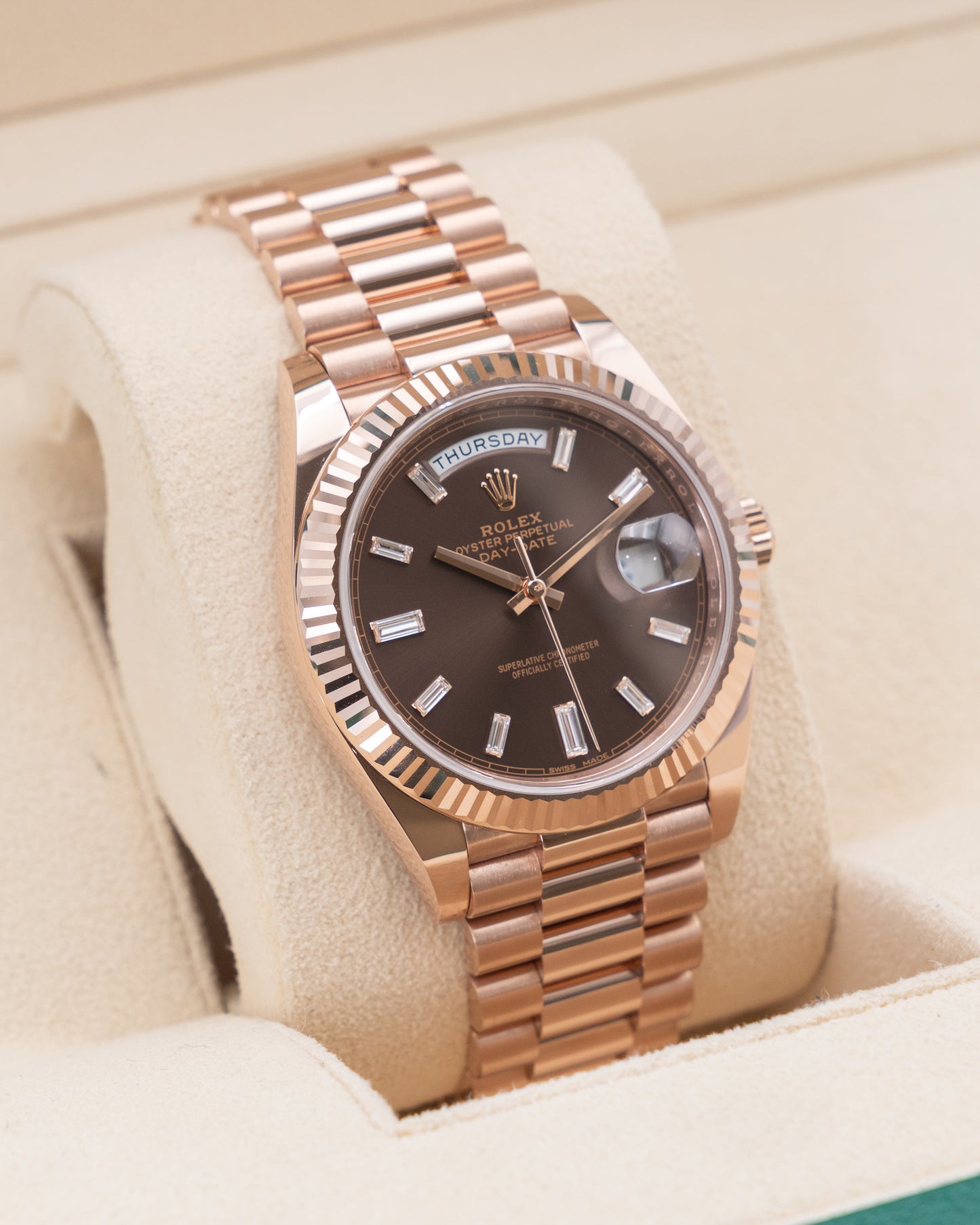 Rolex DayDate 40mm 228235 Rose Gold Chocolate Dial Baguette Diamond Markers 2018