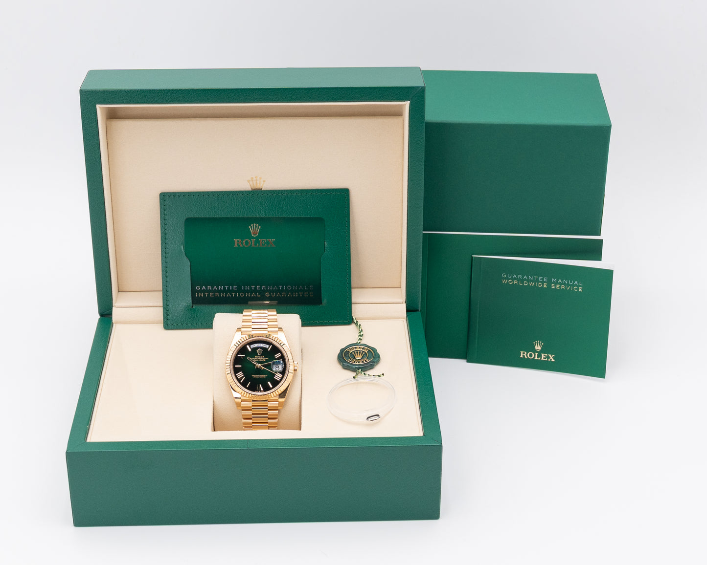 UNWORN STICKERS Rolex DayDate 40mm 228238 Yellow Gold Green Ombre 2025