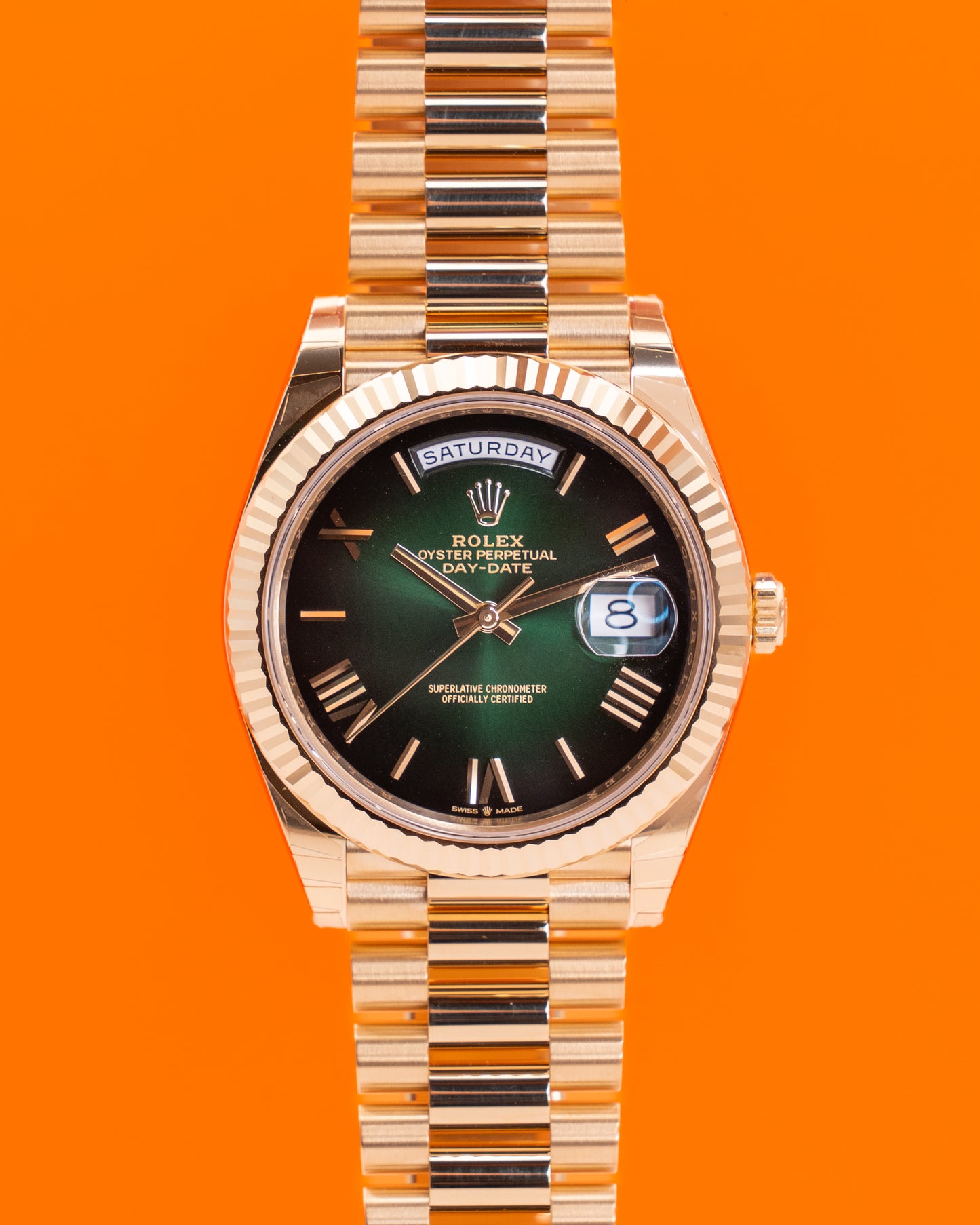 UNWORN STICKERS Rolex DayDate 40mm 228238 Yellow Gold Green Ombre 2025