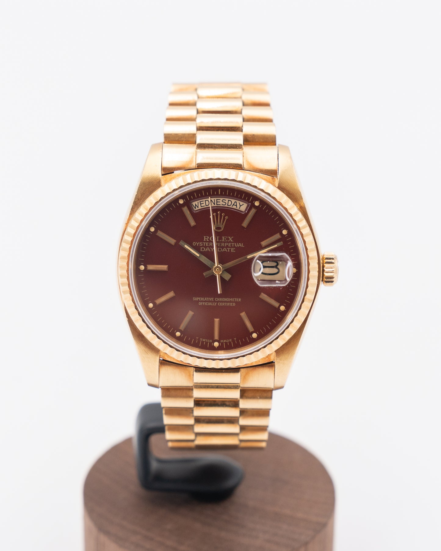 Unpolished Rolex Day Date 36mm 18038 Stella Dial Oxblood Red Yellow Gold