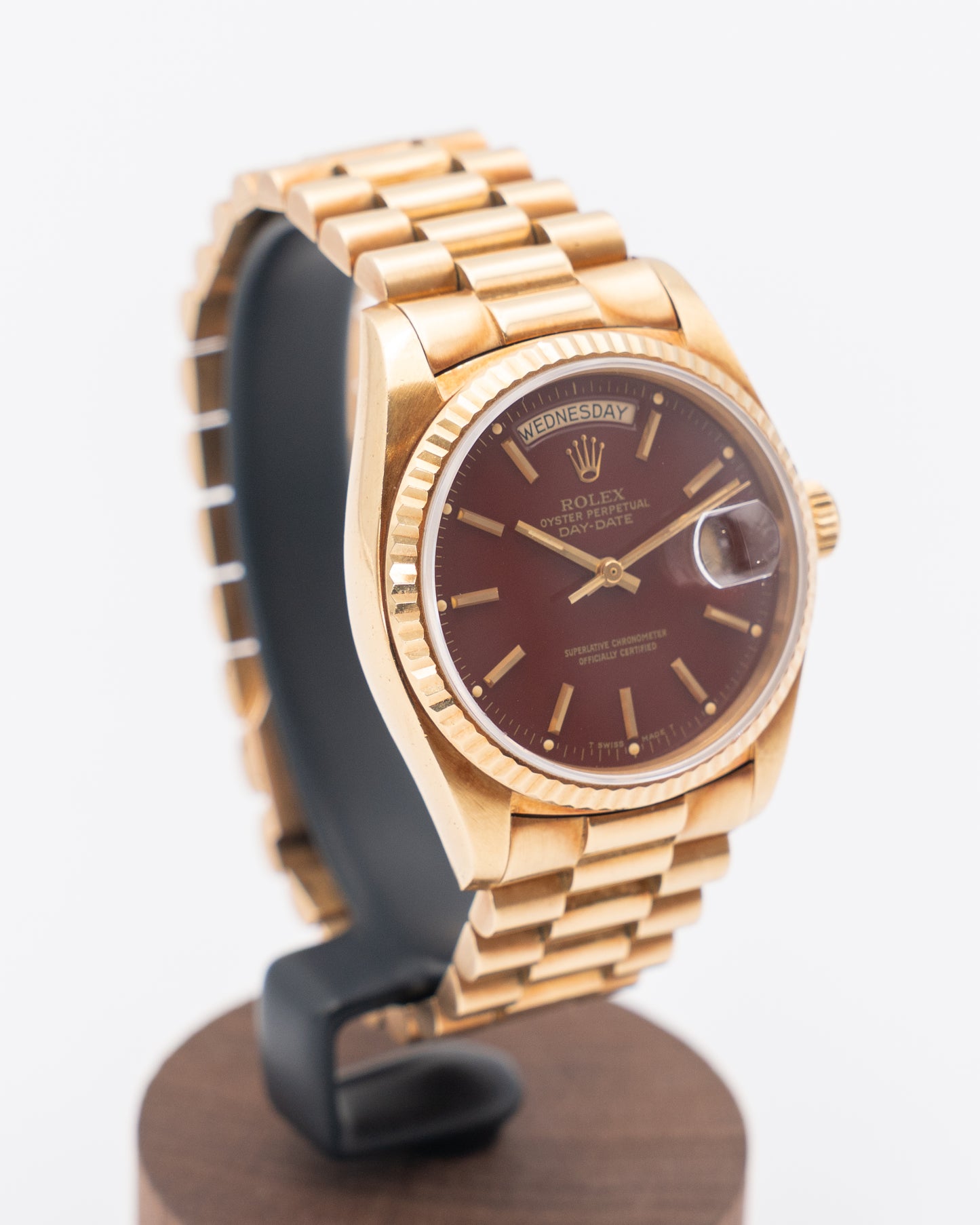 Unpolished Rolex Day Date 36mm 18038 Stella Dial Oxblood Red Yellow Gold