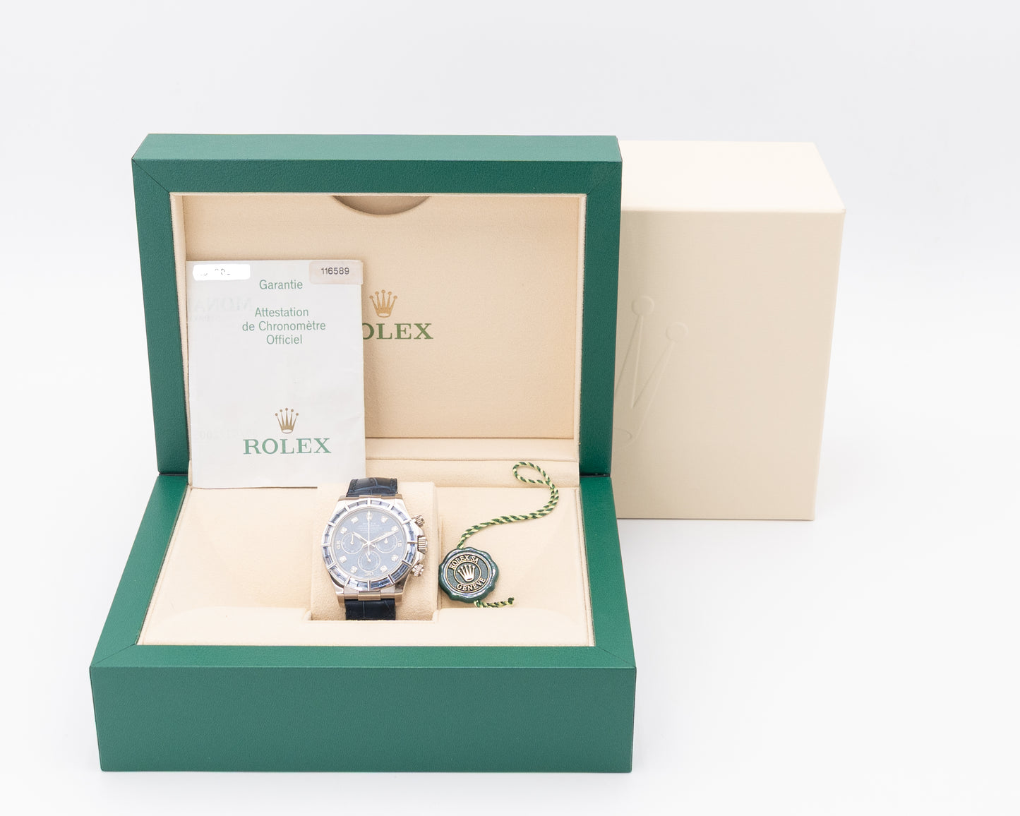 Rolex Daytona 40mm 116589SACI White Gold Blue Sapphire Baguette Bezel Sodalite Dial 2005