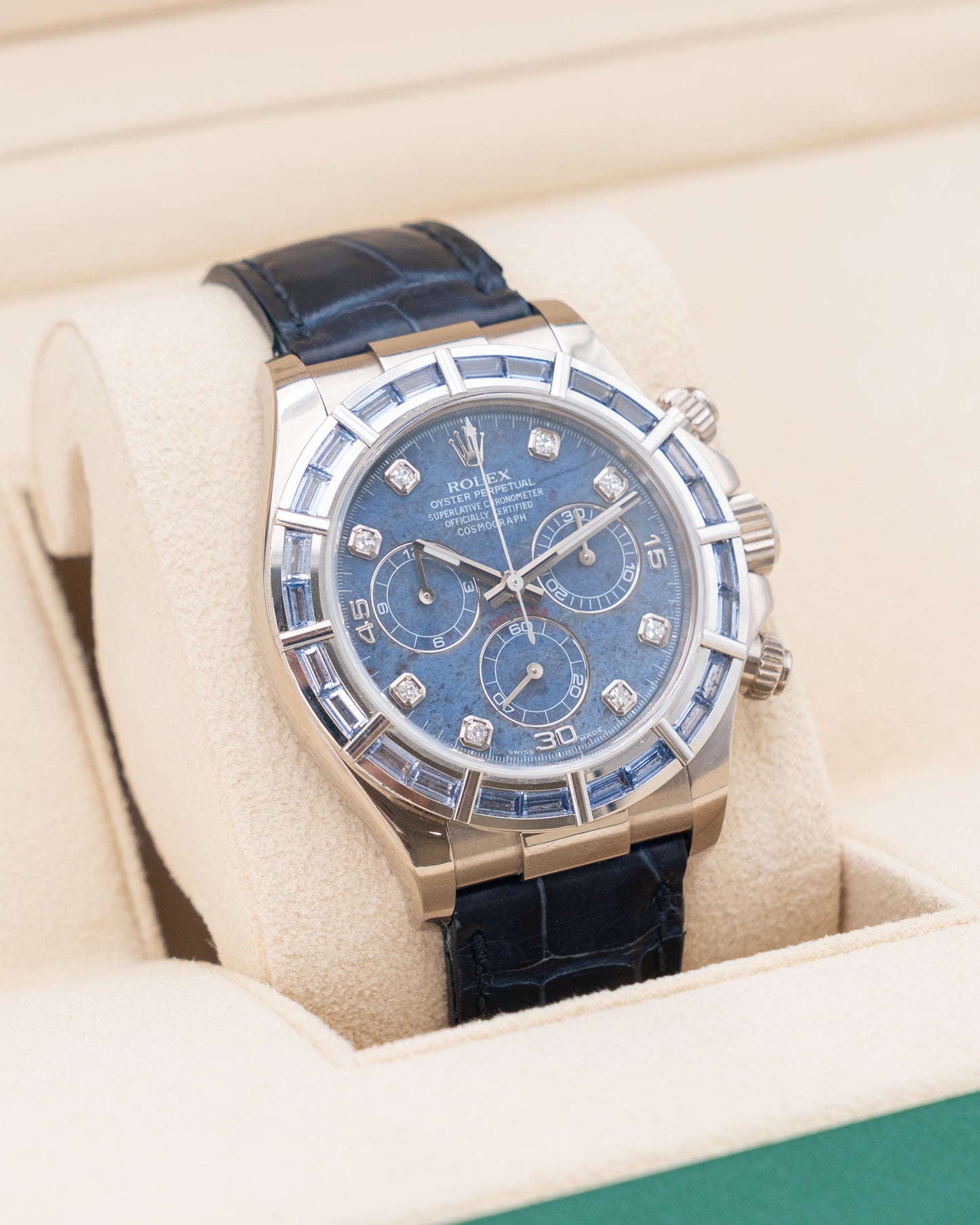 Rolex Daytona 40mm 116589SACI White Gold Blue Sapphire Baguette Bezel Sodalite Dial 2005