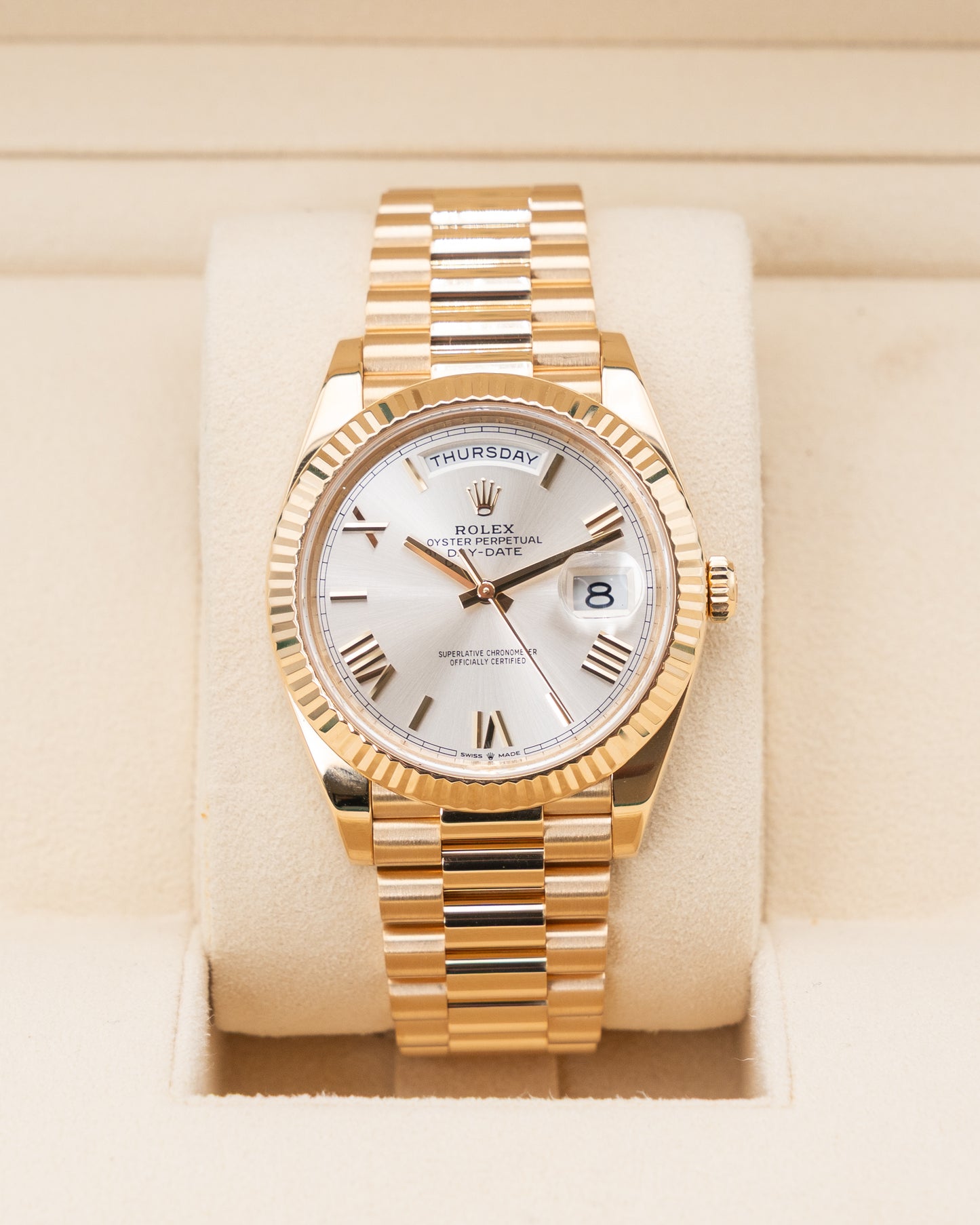 Rolex DayDate 40mm 228238 Yellow Gold Silver Roman Numeral Dial 2022