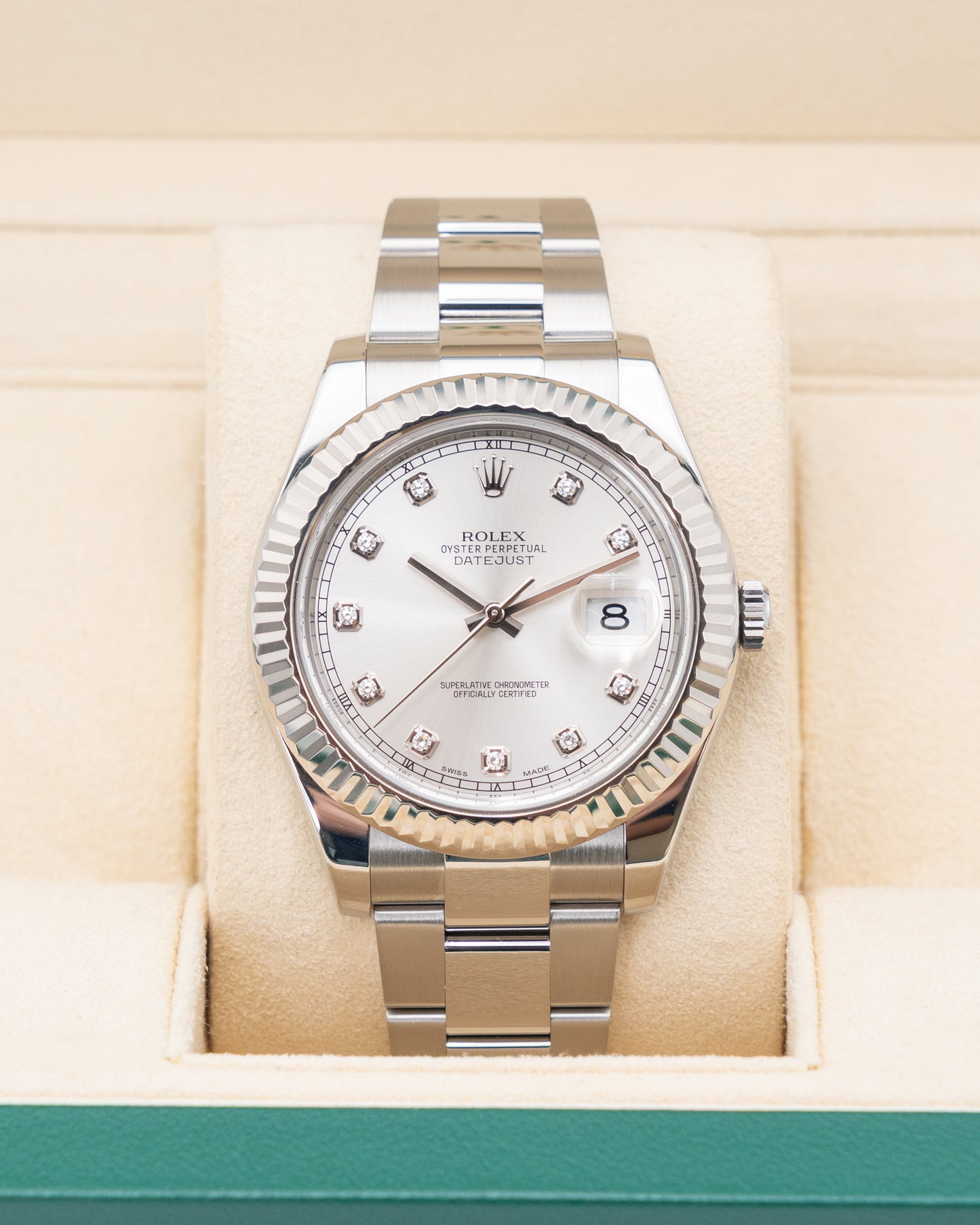 Rolex Datejust II 41mm 116334 Silver Diamond Dial Fluted Oyster 2017