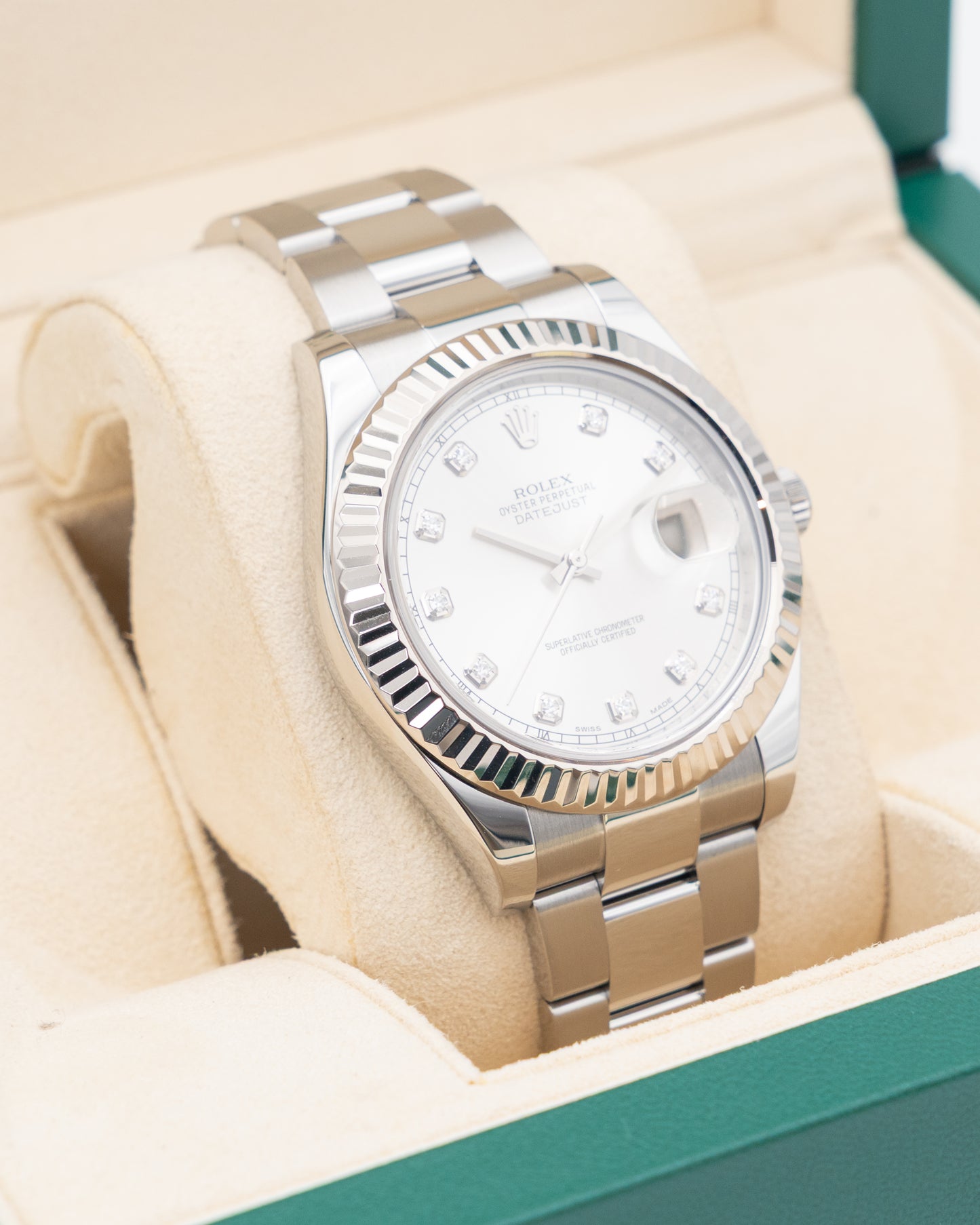Rolex Datejust II 41mm 116334 Silver Diamond Dial Fluted Oyster 2017
