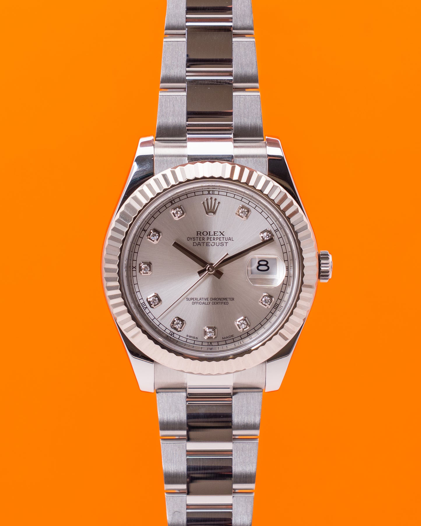 Rolex Datejust II 41mm 116334 Silver Diamond Dial Fluted Oyster 2017