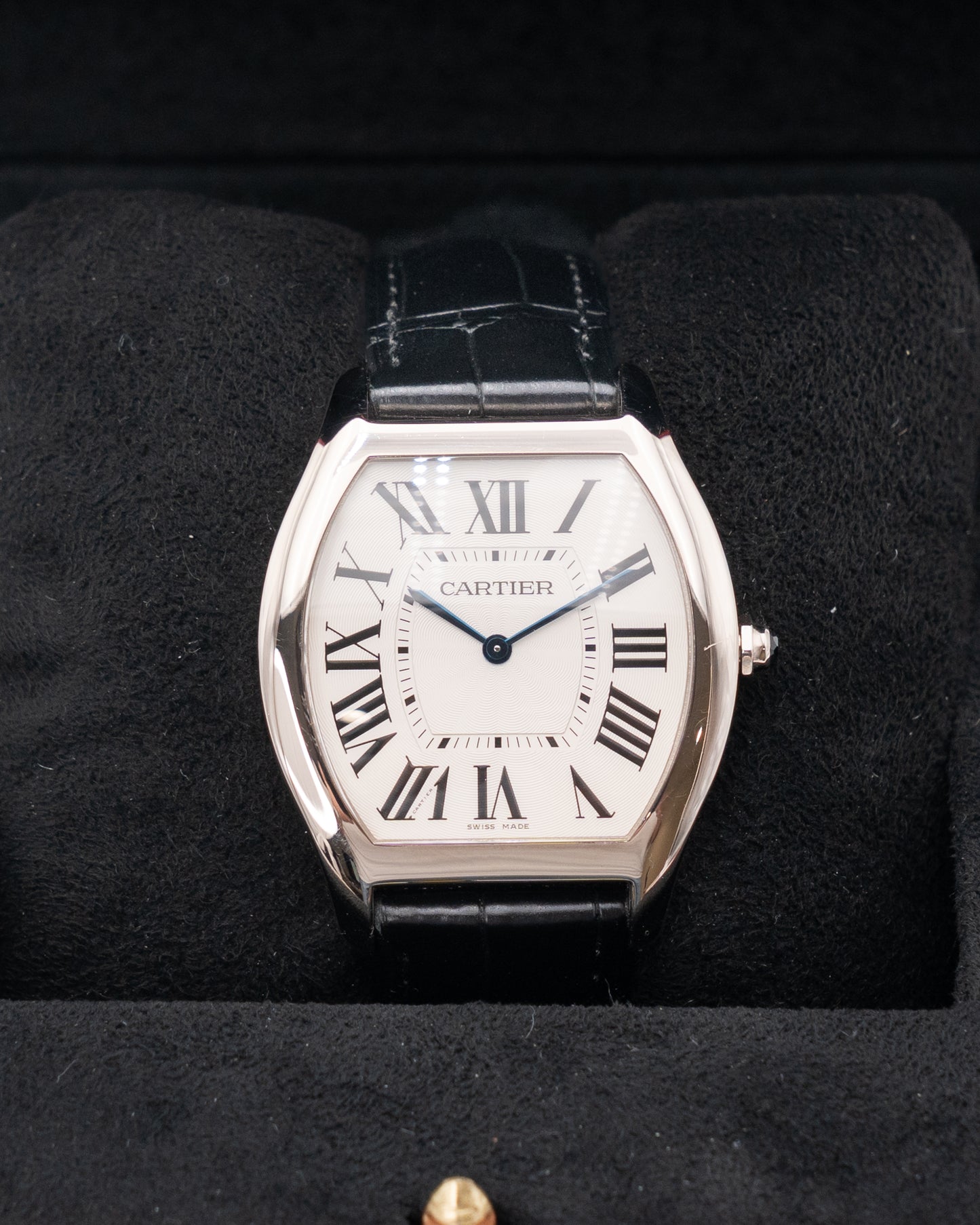 Cartier Tortue 39mm W1556363 White Gold White Dial Black Strap