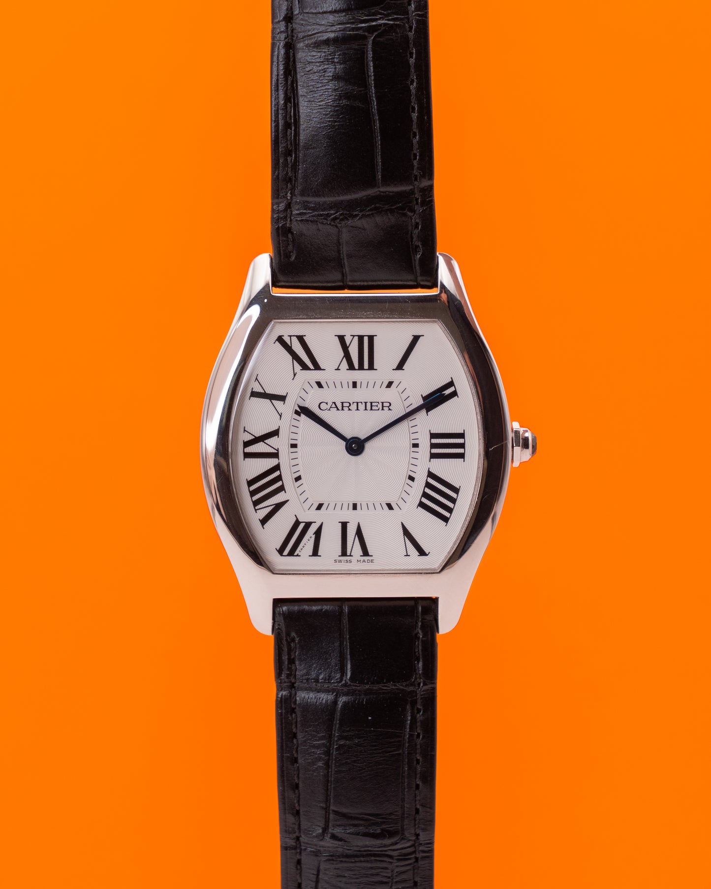 Cartier Tortue 39mm W1556363 White Gold White Dial Black Strap