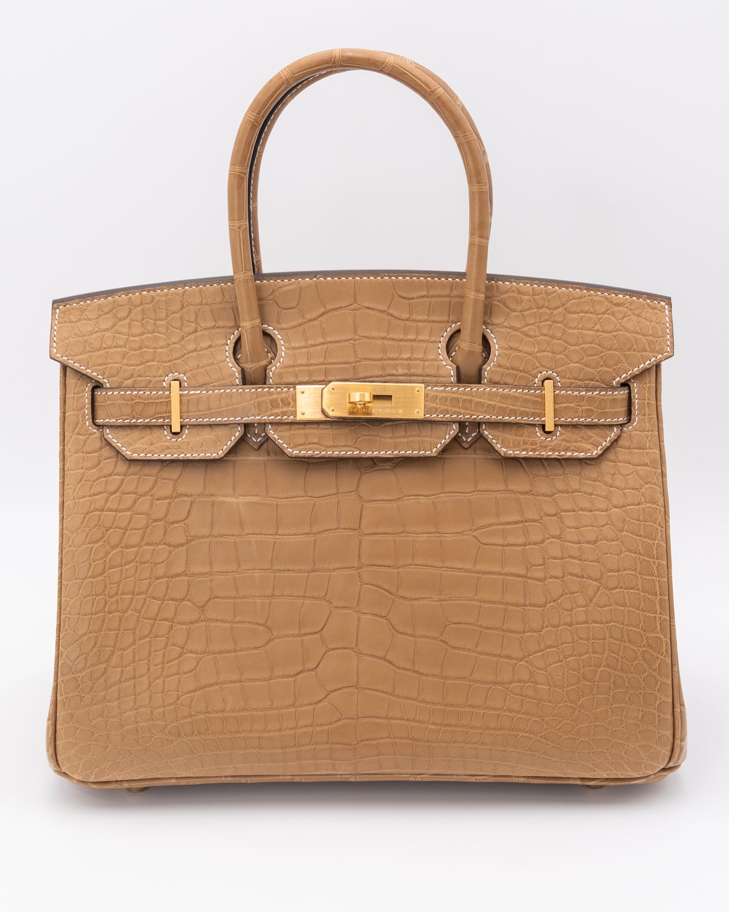 Like NEW Hermes Birkin 30 Matte Kraft Alligator Brushed Gold Hardware
