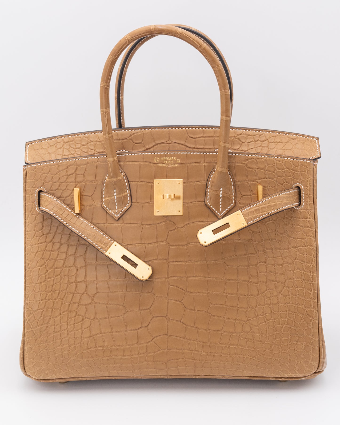 Like NEW Hermes Birkin 30 Matte Kraft Alligator Brushed Gold Hardware
