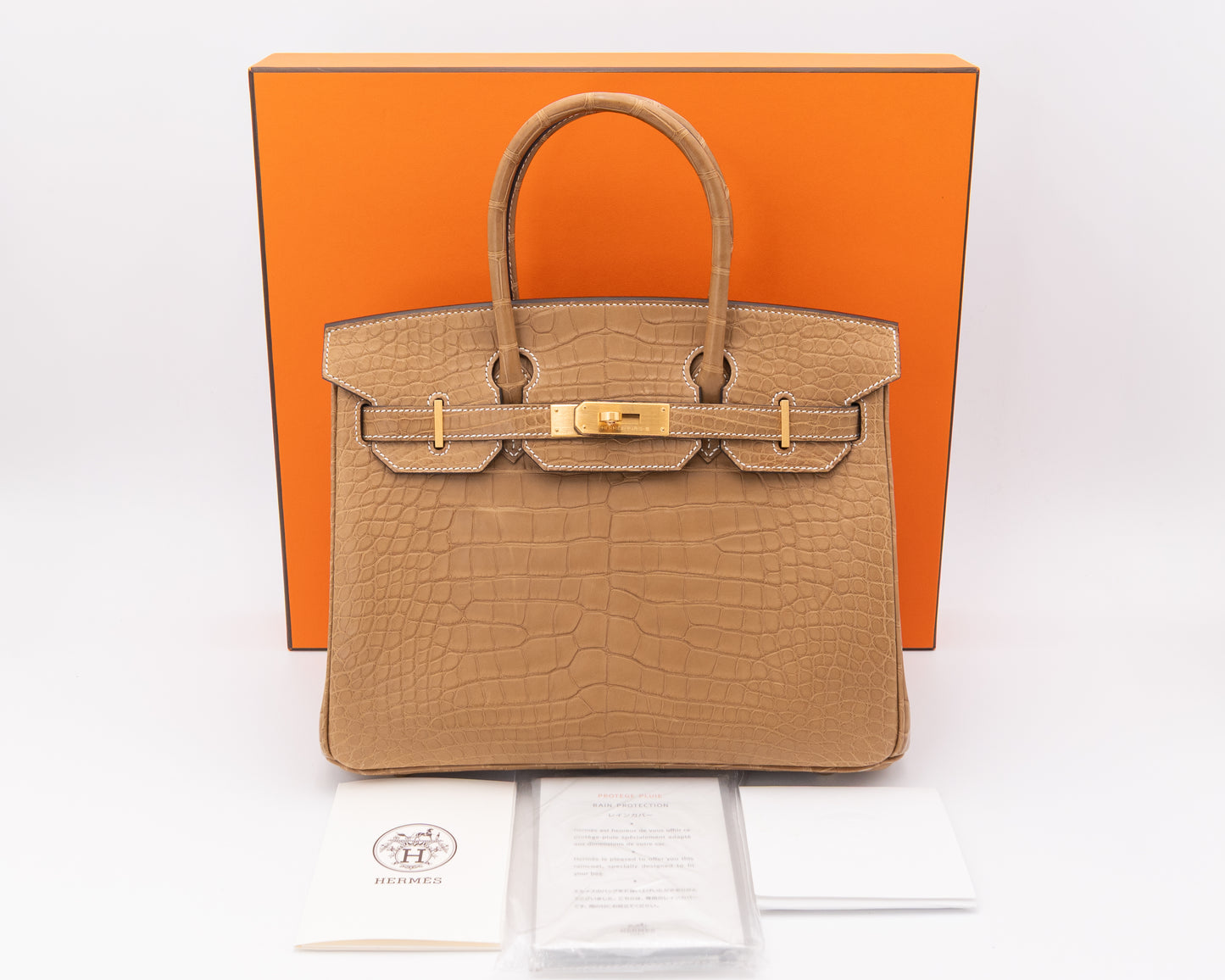 Like NEW Hermes Birkin 30 Matte Kraft Alligator Brushed Gold Hardware