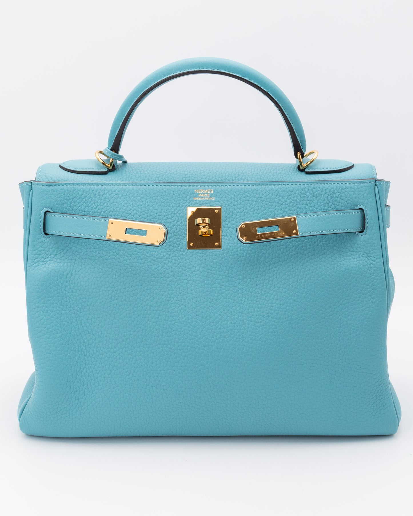 Hermes Kelly 32 A Bleu ST CYR TOGO Leather Retourne WIth Gold Hardware