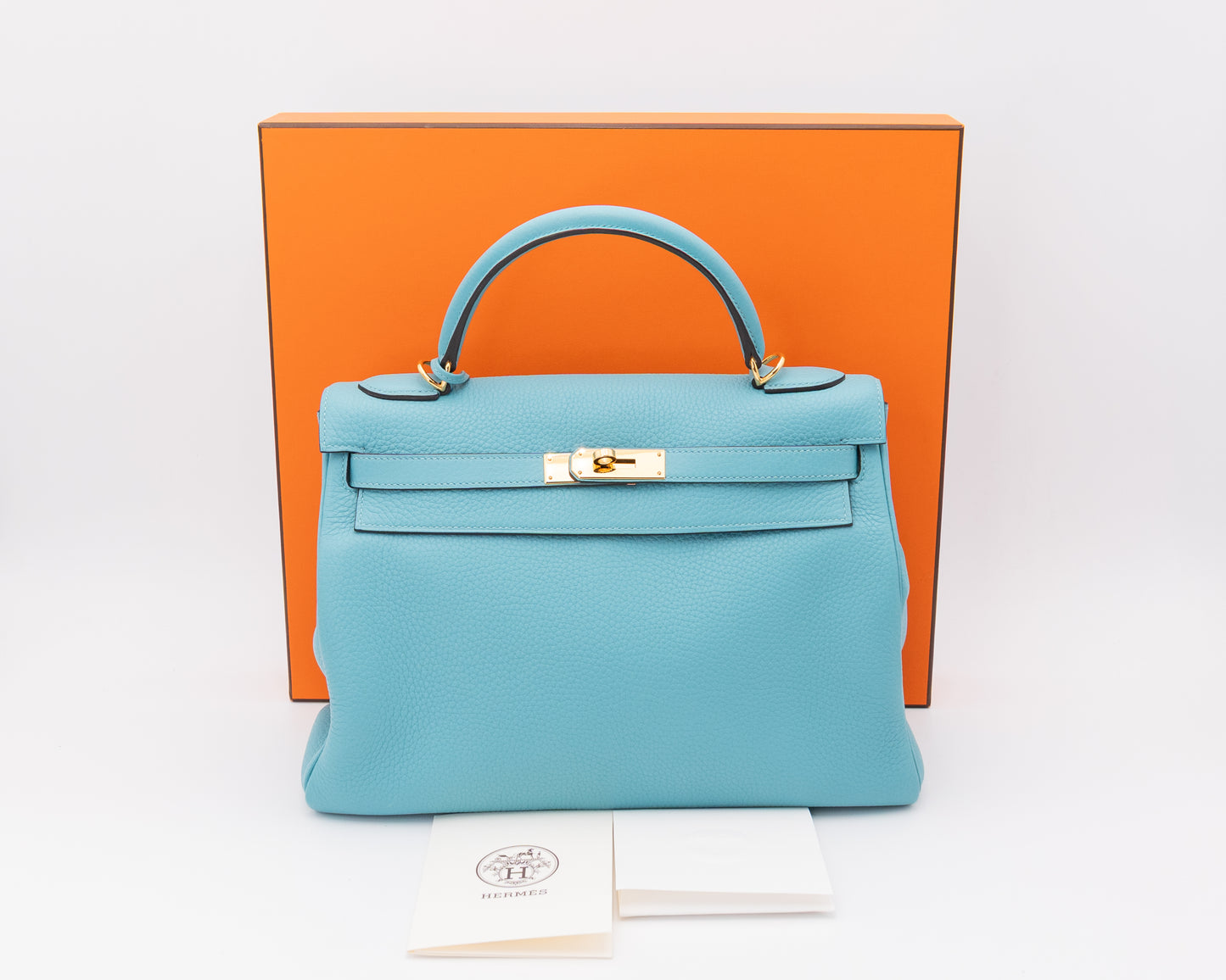 Hermes Kelly 32 A Bleu ST CYR TOGO Leather Retourne WIth Gold Hardware