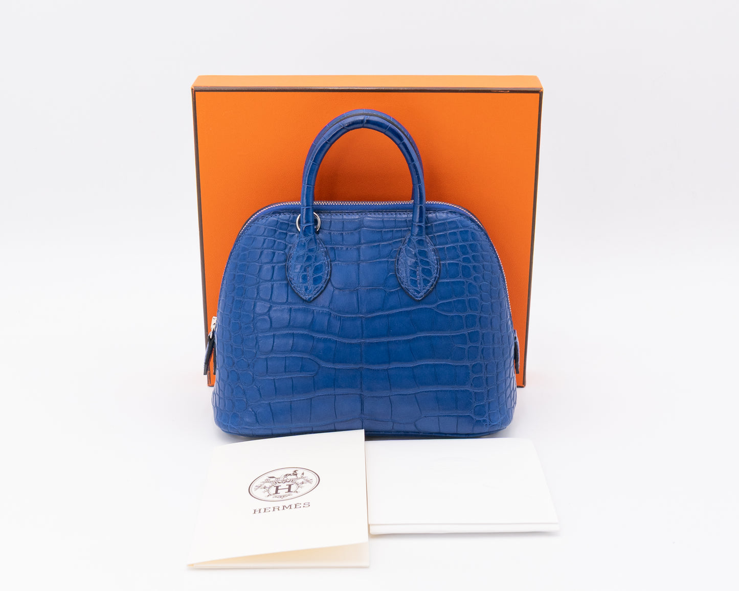 Hermes Matte Bleu Saphir Alligator Mini Bolide With White Gold Hardware