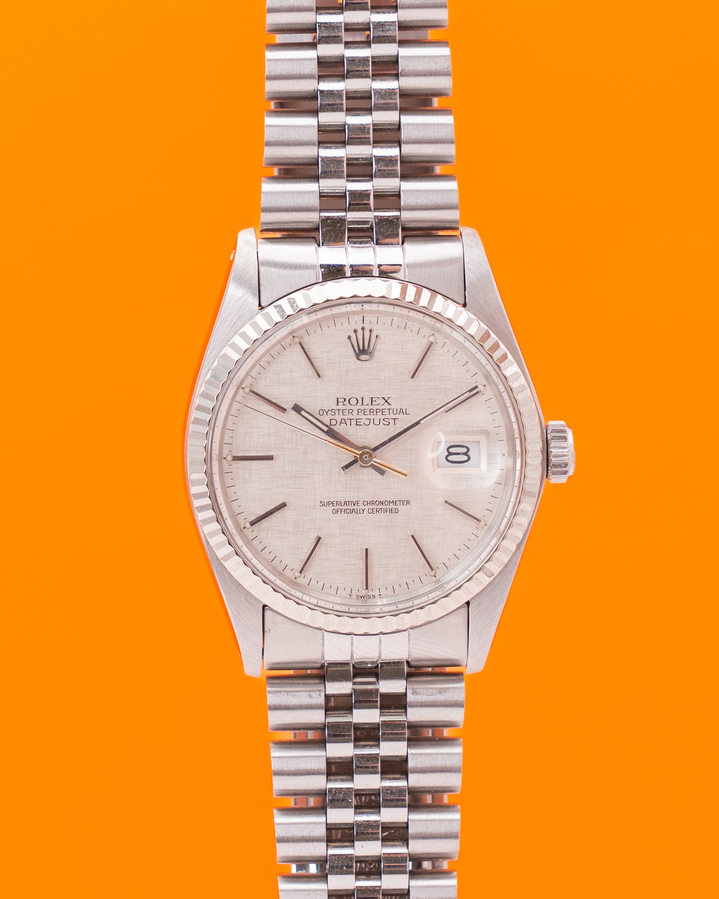 Rolex Datejust 36mm 16014 Silver Linen Dial Fluted Bezel Jubilee