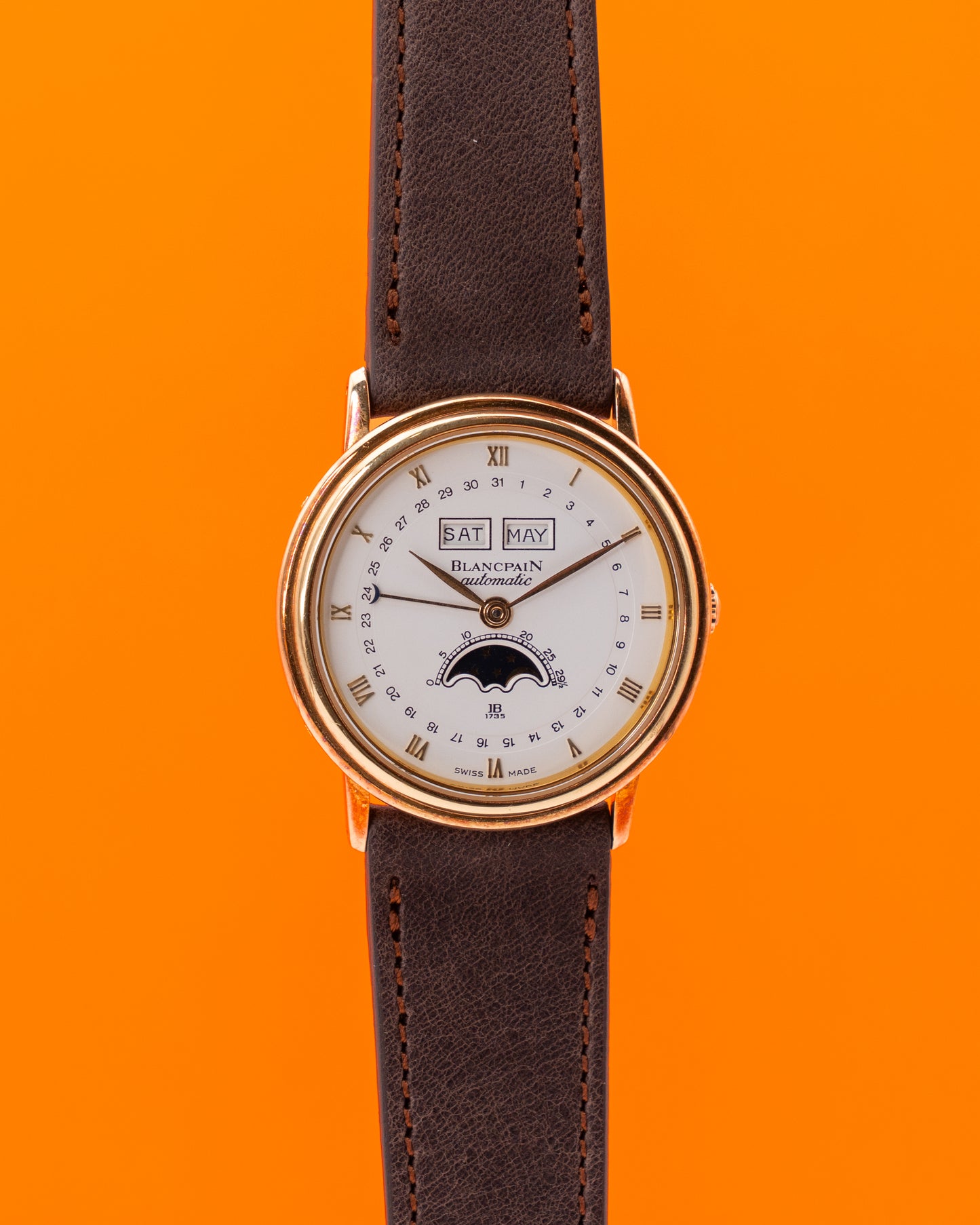 Blancpain Villeret 34mm 6553-1418-A55 Triple Calendar Moonphase Yellow Gold White Dial