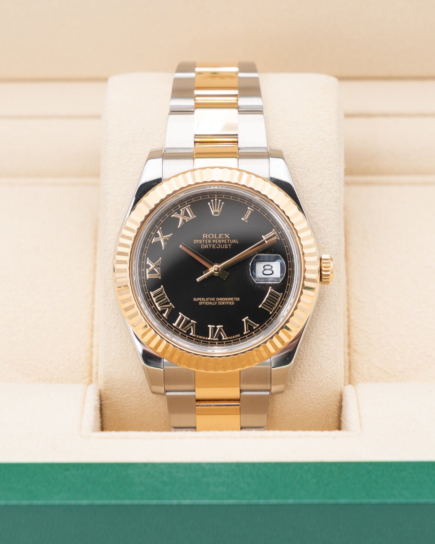 Rolex Datejust 41mm 116333 Two Tone Yellow Gold Black Roman Dial Fluted Oyster