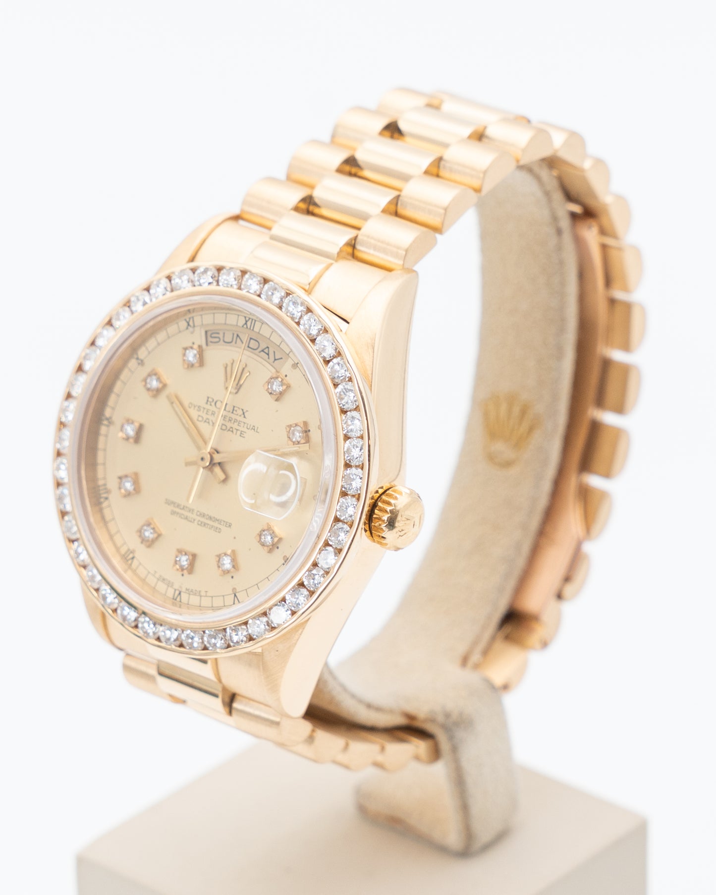 Rolex DayDate 36mm 18038 Yellow Gold Aftermarket Champagne Diamond Dial and Bezel