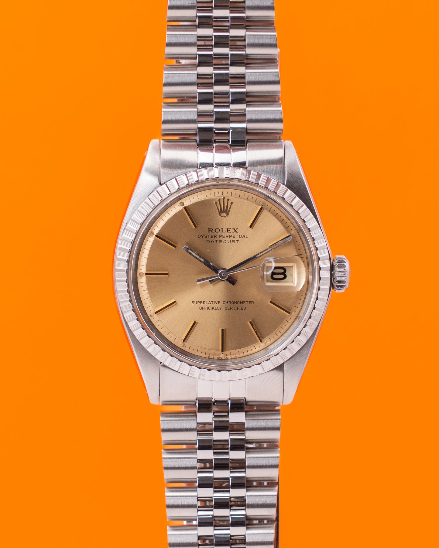 Rolex Datejust 36mm 1603 Champagne Dial Engine Turn Bezel Stainless Steel Jubilee