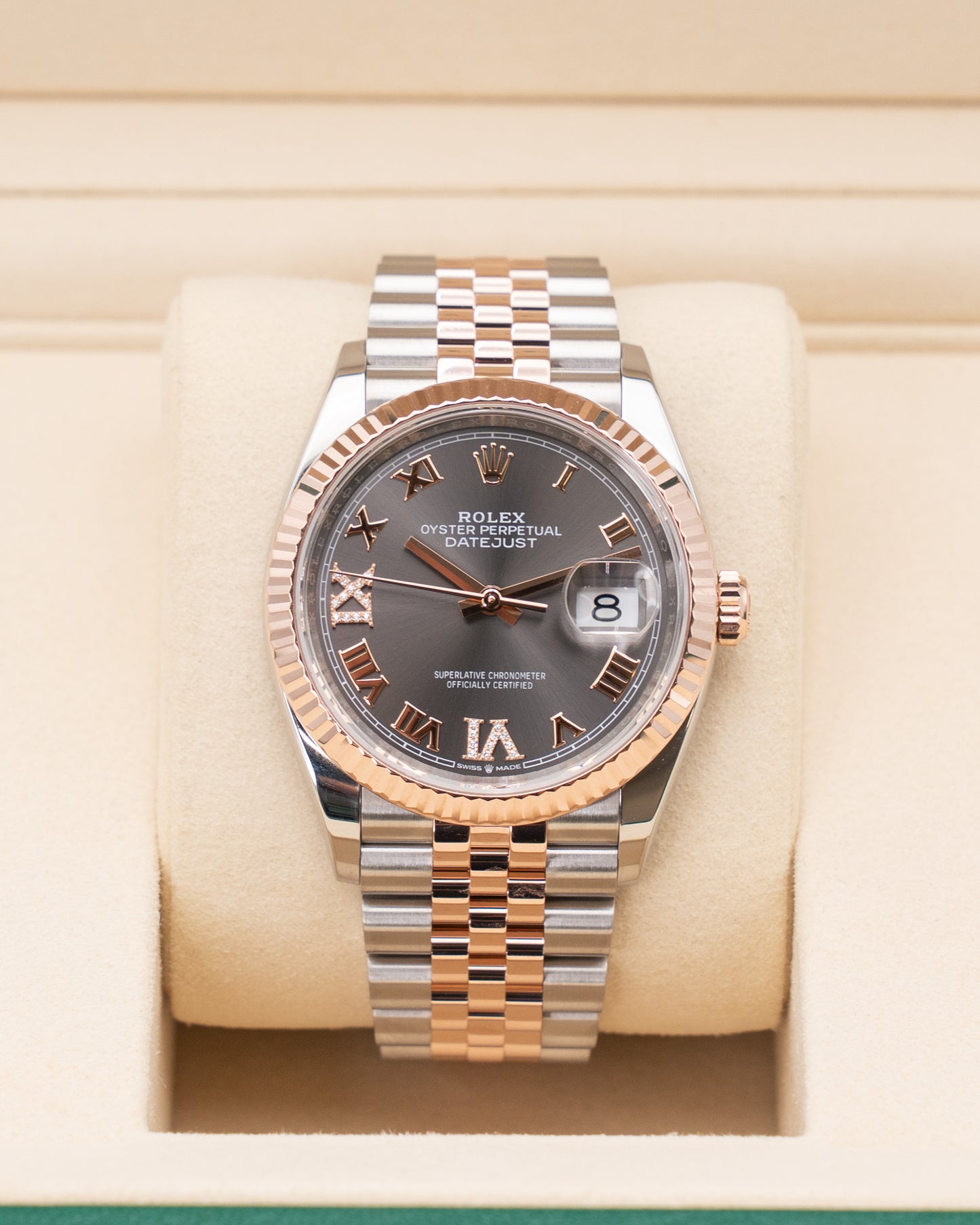 Rolex Datejust 126231 36mm Stainless Steel / Everose / Fluted / Dark Rhodium Diamond Roman / Jubilee 2025