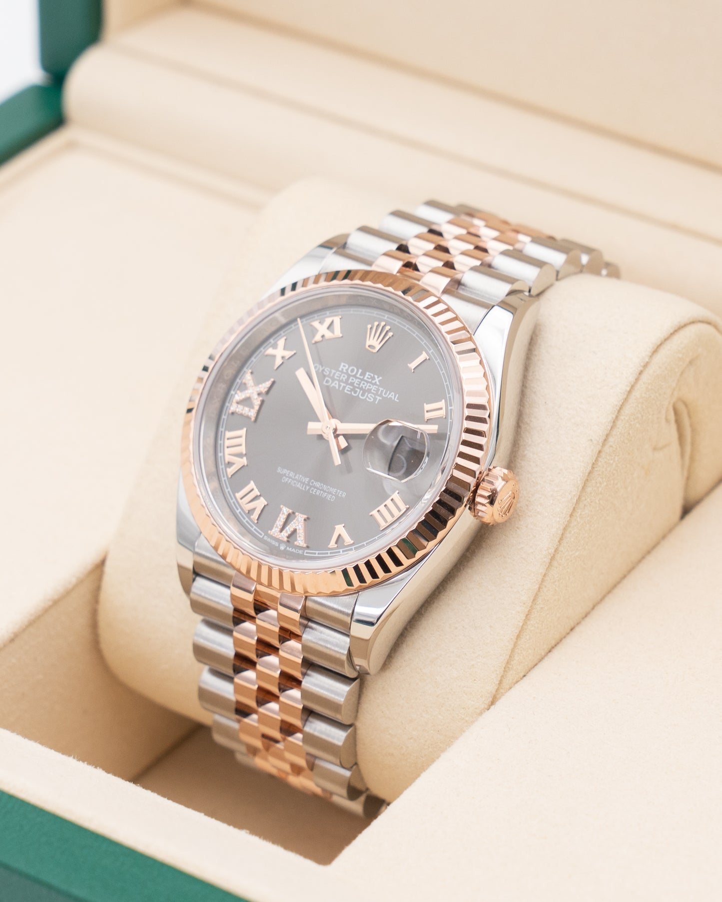 Rolex Datejust 126231 36mm Stainless Steel / Everose / Fluted / Dark Rhodium Diamond Roman / Jubilee 2025