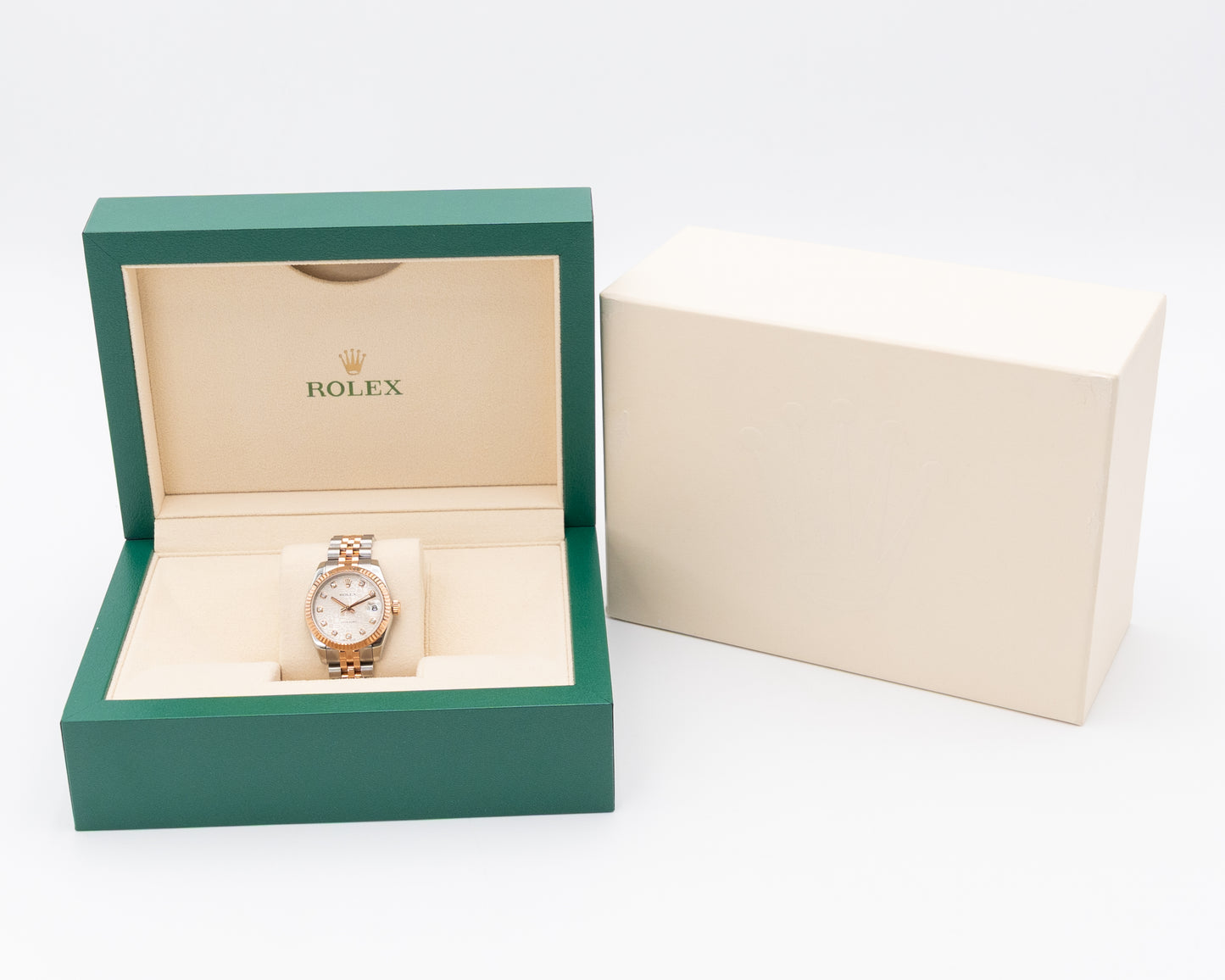 Rolex Datejust 31mm 178271 Silver Rolex Motif Diamond Dial Fluted Jubilee Two Tone Rose Gold