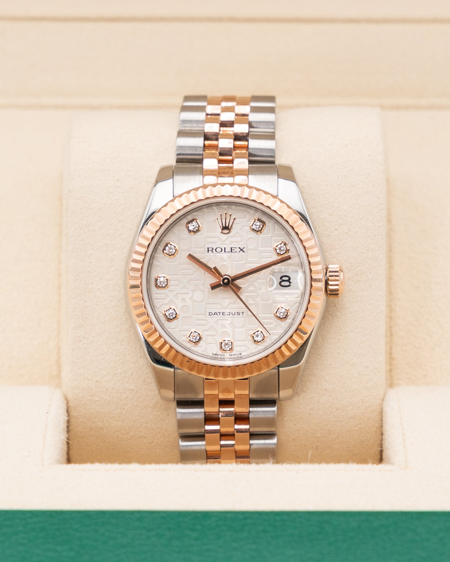 Rolex Datejust 31mm 178271 Silver Rolex Motif Diamond Dial Fluted Jubilee Two Tone Rose Gold