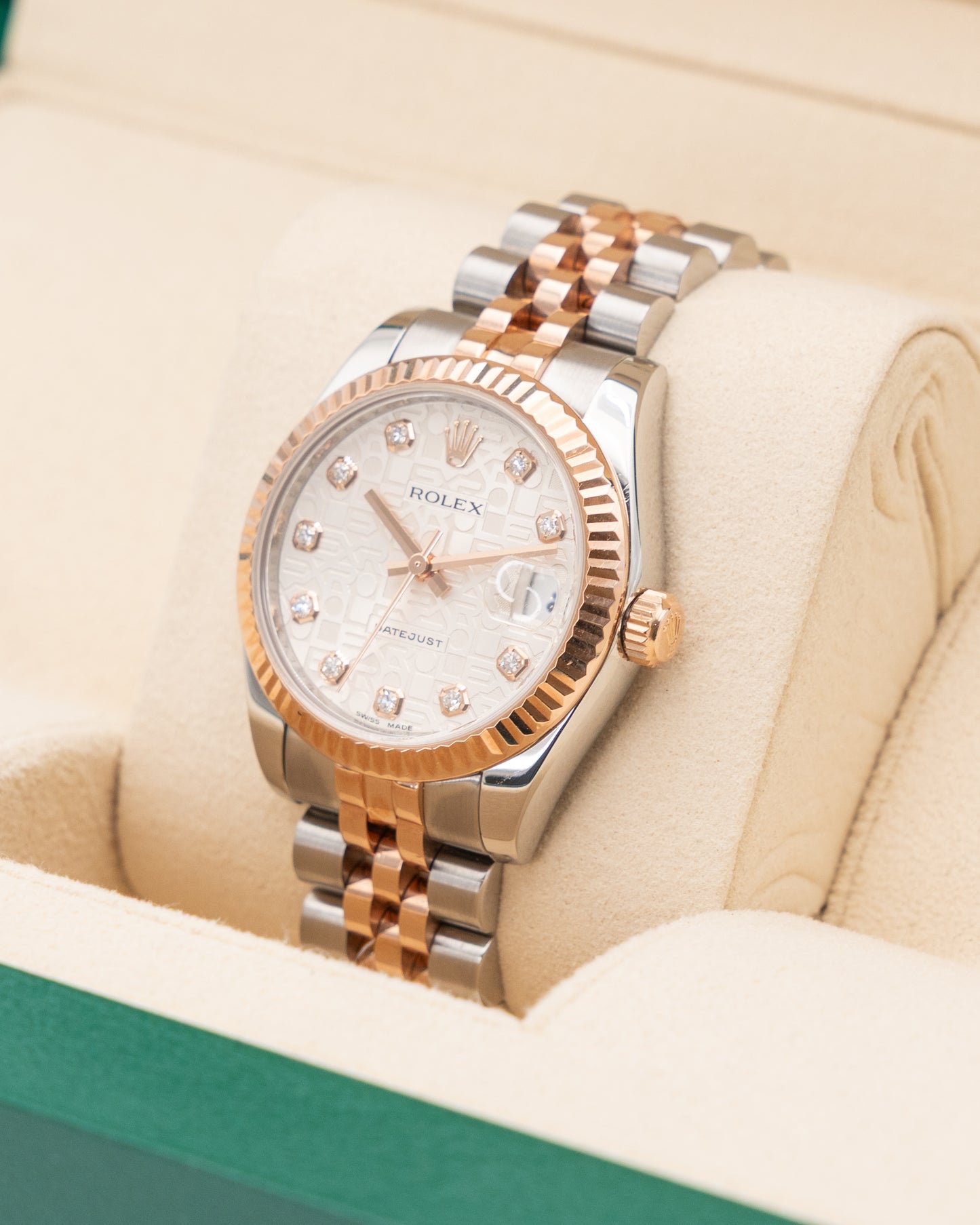 Rolex Datejust 31mm 178271 Silver Rolex Motif Diamond Dial Fluted Jubilee Two Tone Rose Gold