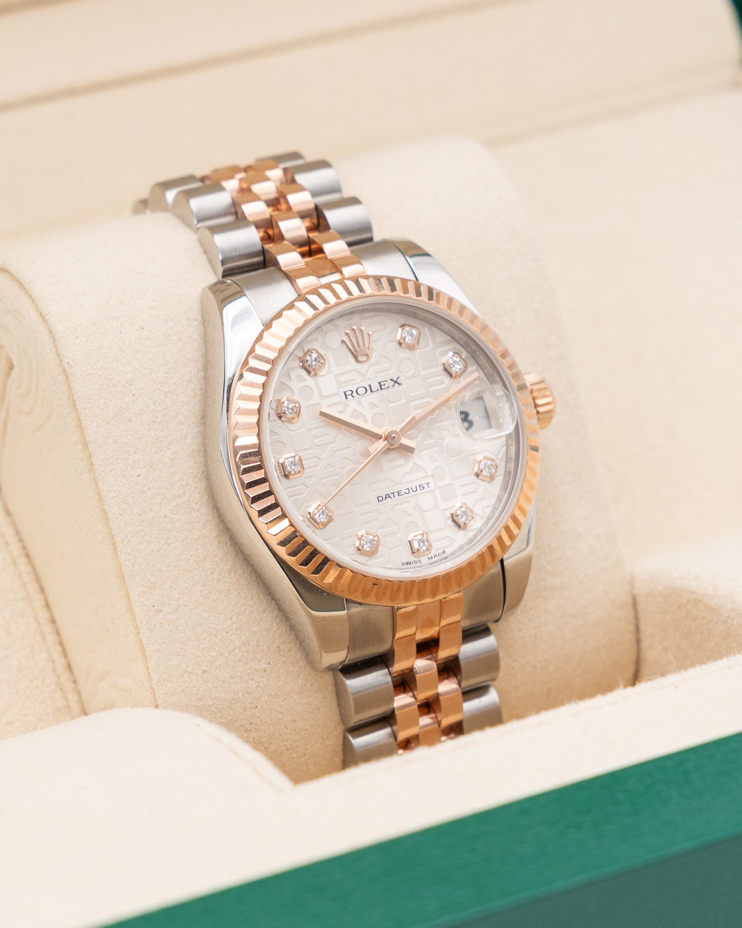 Rolex Datejust 31mm 178271 Silver Rolex Motif Diamond Dial Fluted Jubilee Two Tone Rose Gold