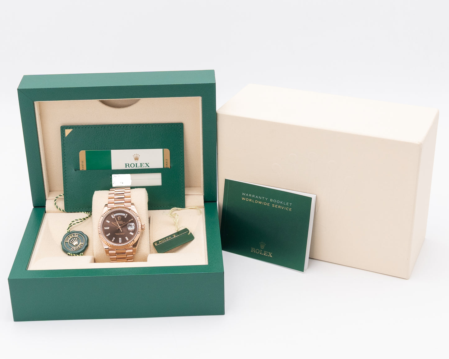 Rolex DayDate 40mm 228235 Rose Gold Chocolate Dial Baguette Diamond Markers 2016