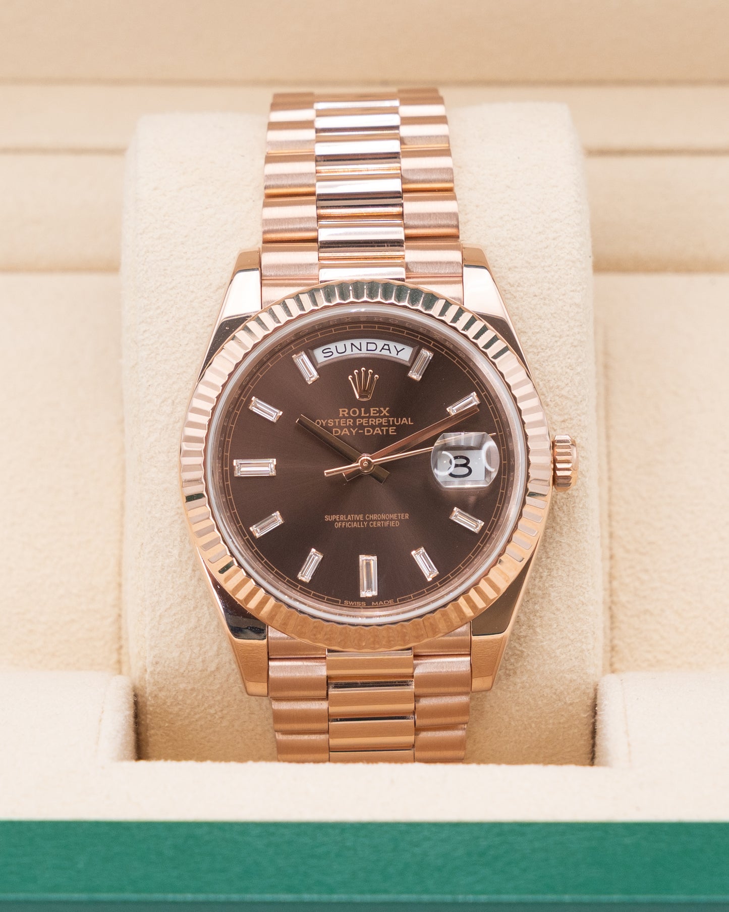 Rolex DayDate 40mm 228235 Rose Gold Chocolate Dial Baguette Diamond Markers 2016
