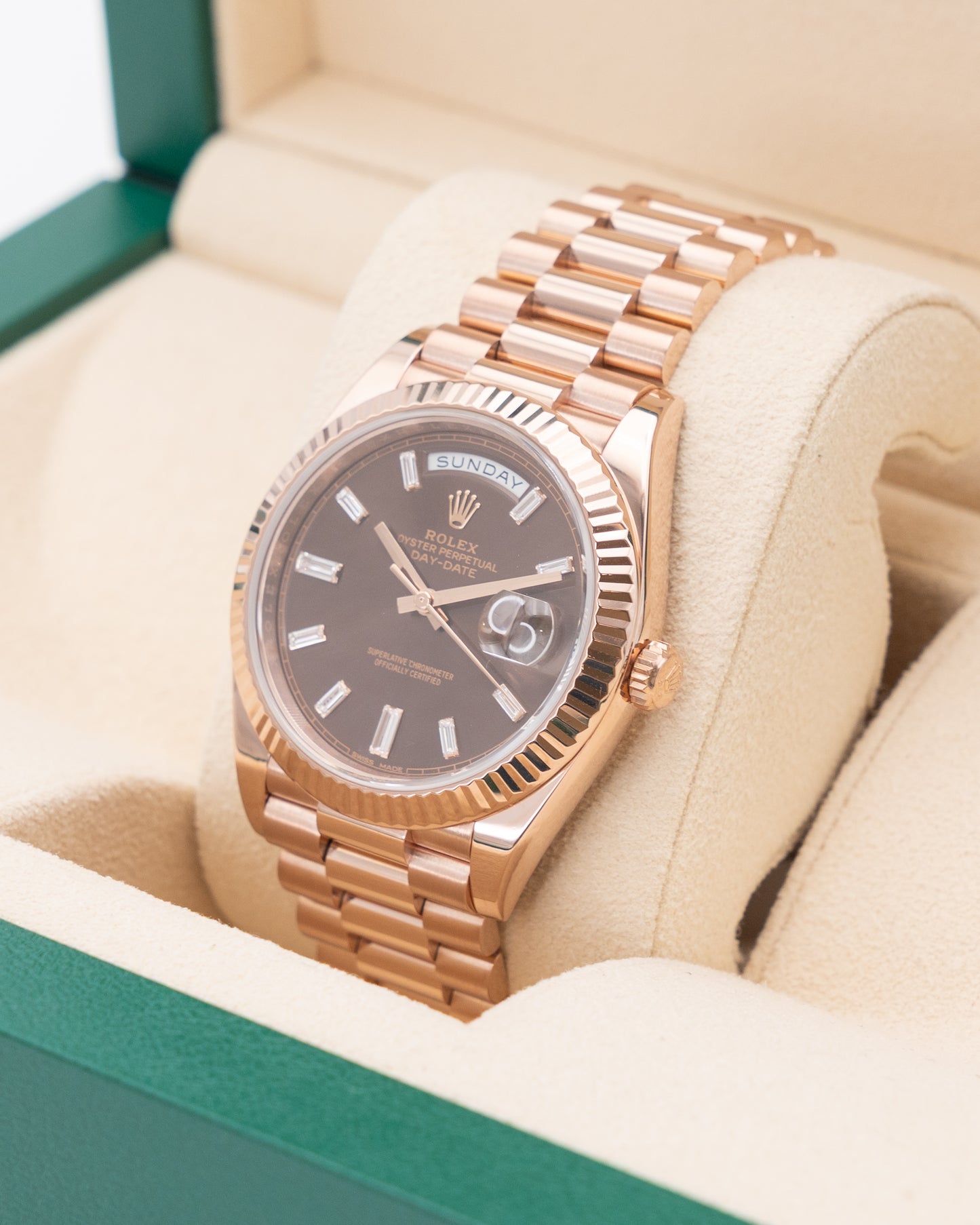 Rolex DayDate 40mm 228235 Rose Gold Chocolate Dial Baguette Diamond Markers 2016