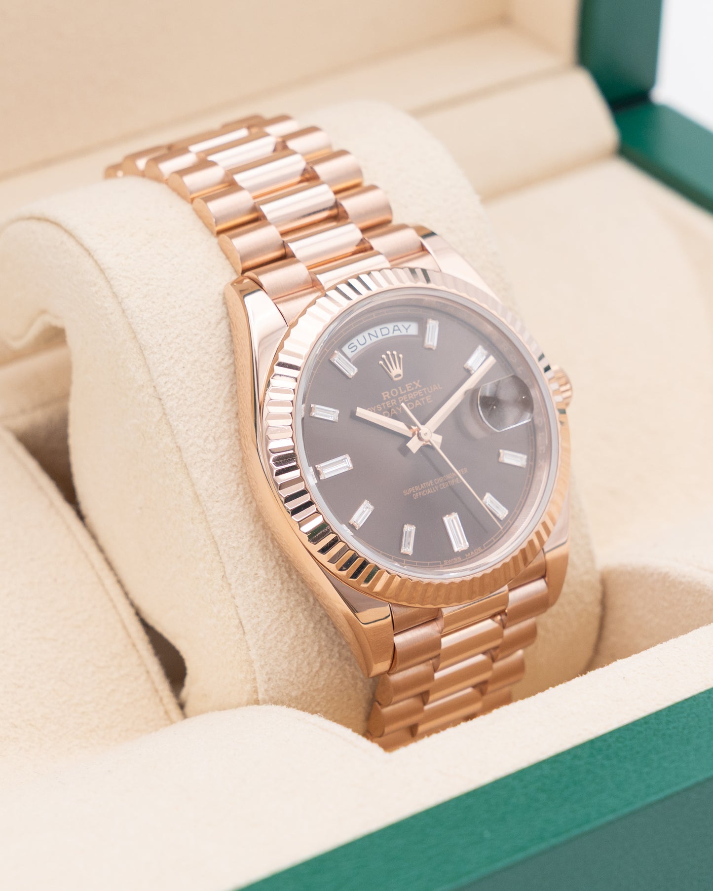 Rolex DayDate 40mm 228235 Rose Gold Chocolate Dial Baguette Diamond Markers 2016