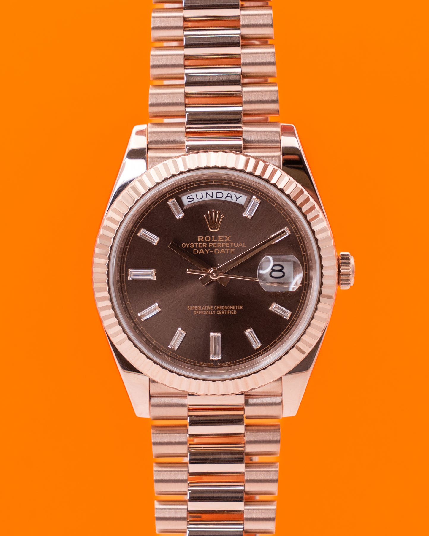 Rolex DayDate 40mm 228235 Rose Gold Chocolate Dial Baguette Diamond Markers 2016