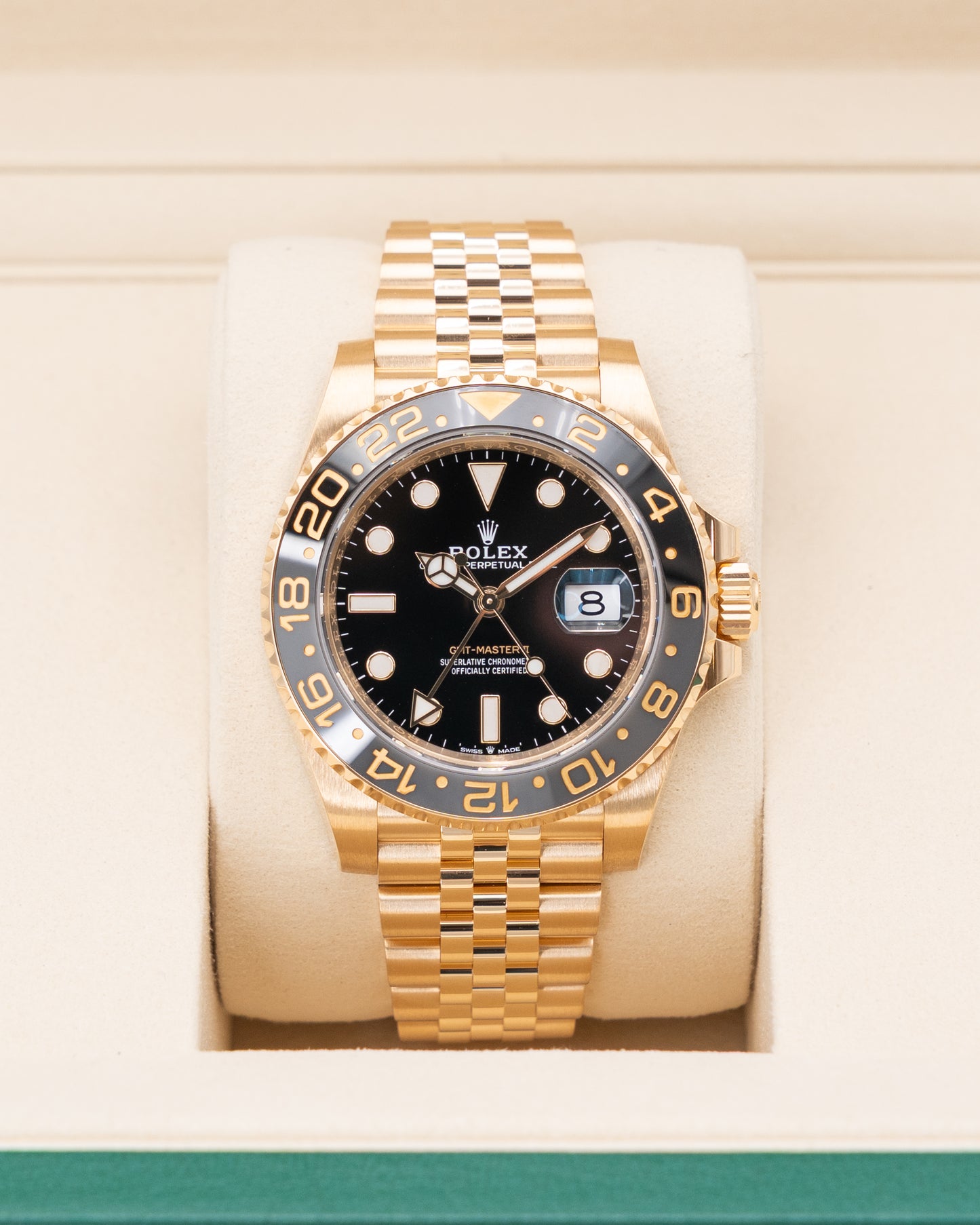 Rolex GMT Master II 40mm 126718GRNR Yellow Gold Black Dial Jubilee