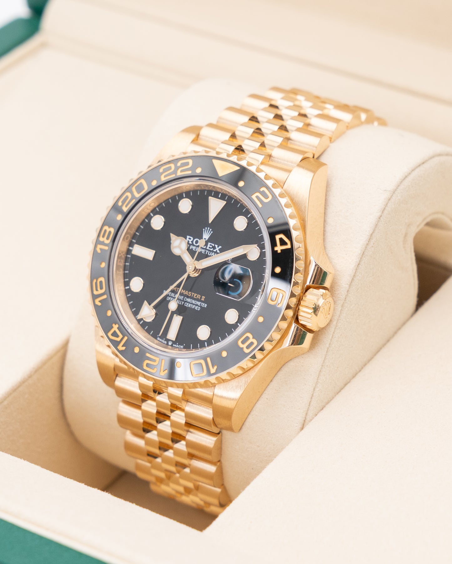 Rolex GMT Master II 40mm 126718GRNR Yellow Gold Black Dial Jubilee