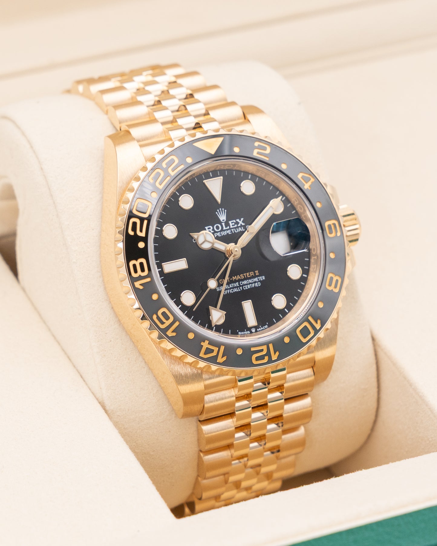 Rolex GMT Master II 40mm 126718GRNR Yellow Gold Black Dial Jubilee