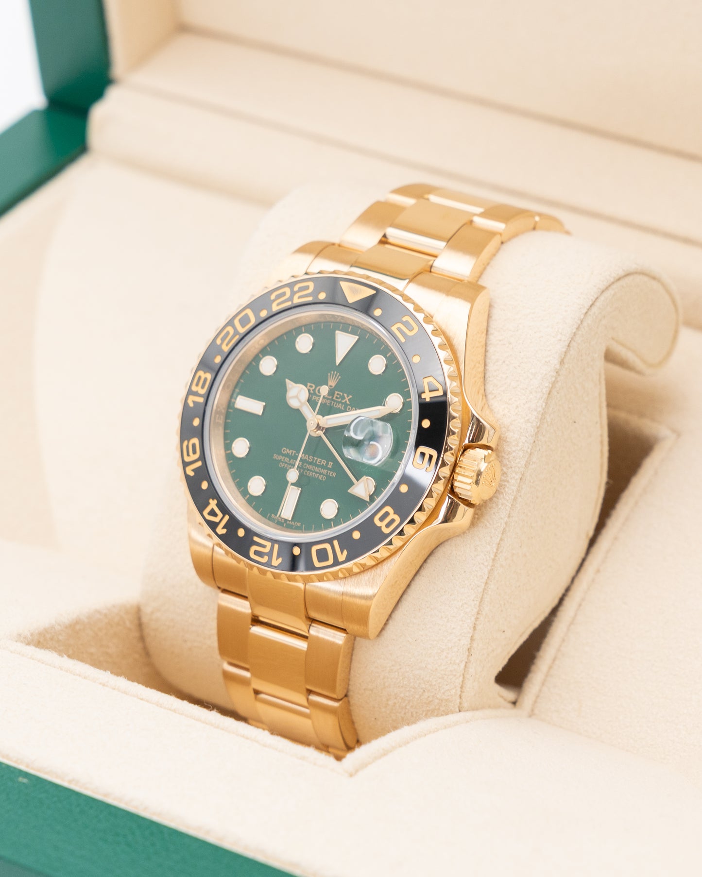 Rolex GMT Master II 40mm 116718LN Yellow Gold Green Dial