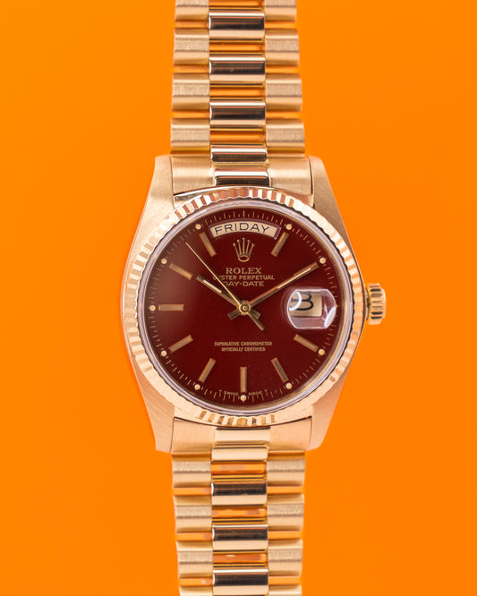 Rolex Day Date 36mm 18038 Stella Dial Oxblood Red Yellow Gold